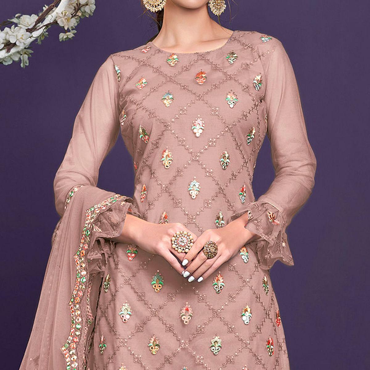 Rosy Brown Sequence Embroidered Netted Sharara Suit - Peachmode