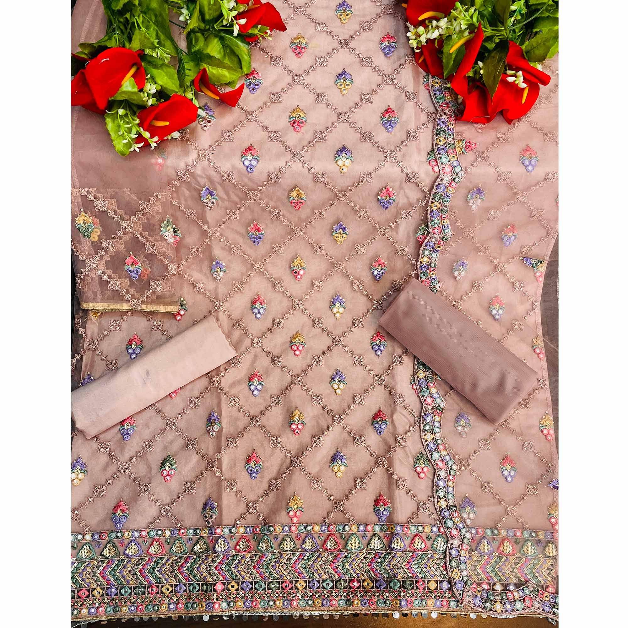 Rosy Brown Sequence Embroidered Netted Sharara Suit - Peachmode