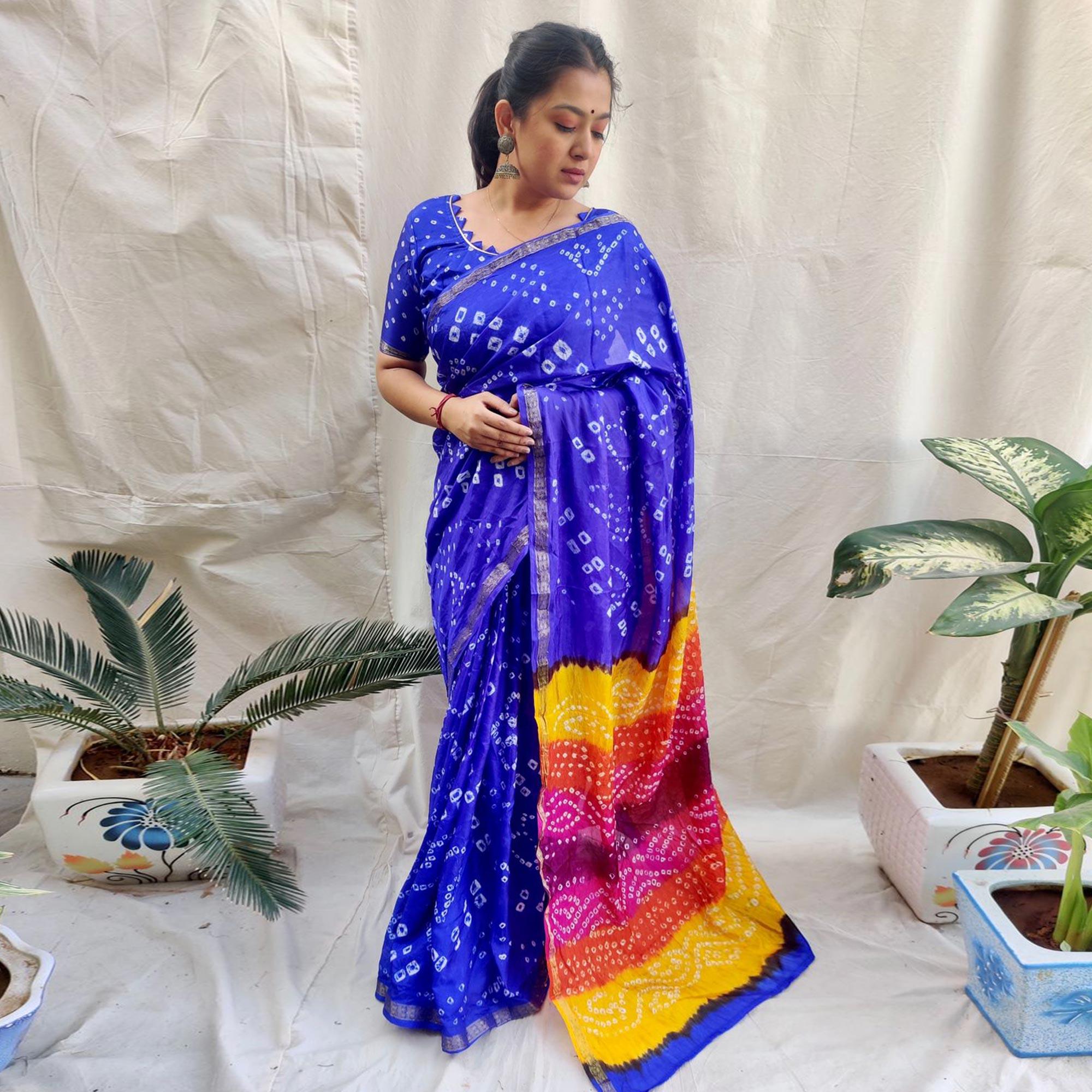 Royal Blue Bandhani Printed Art Silk Saree - Peachmode