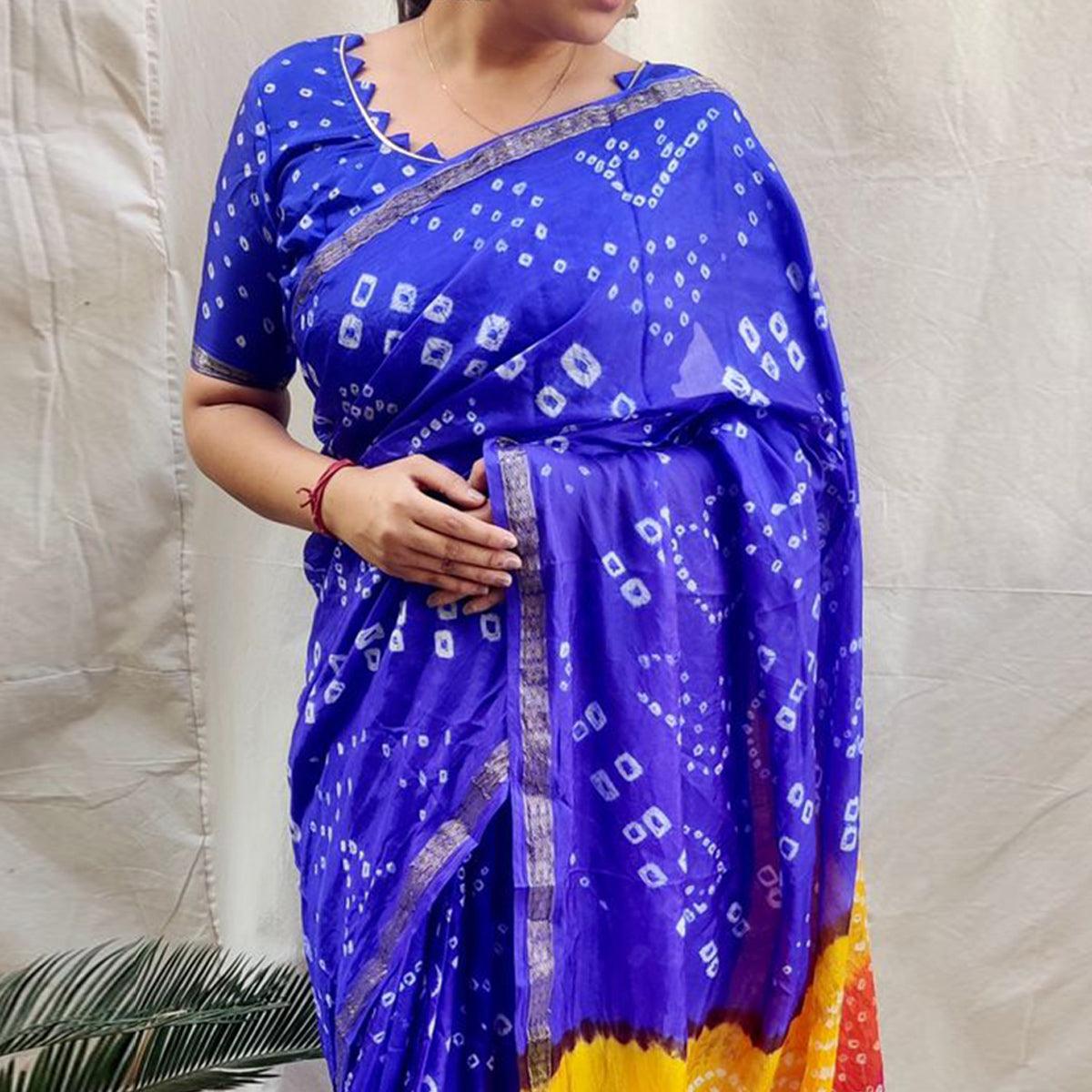 Royal Blue Bandhani Printed Art Silk Saree - Peachmode