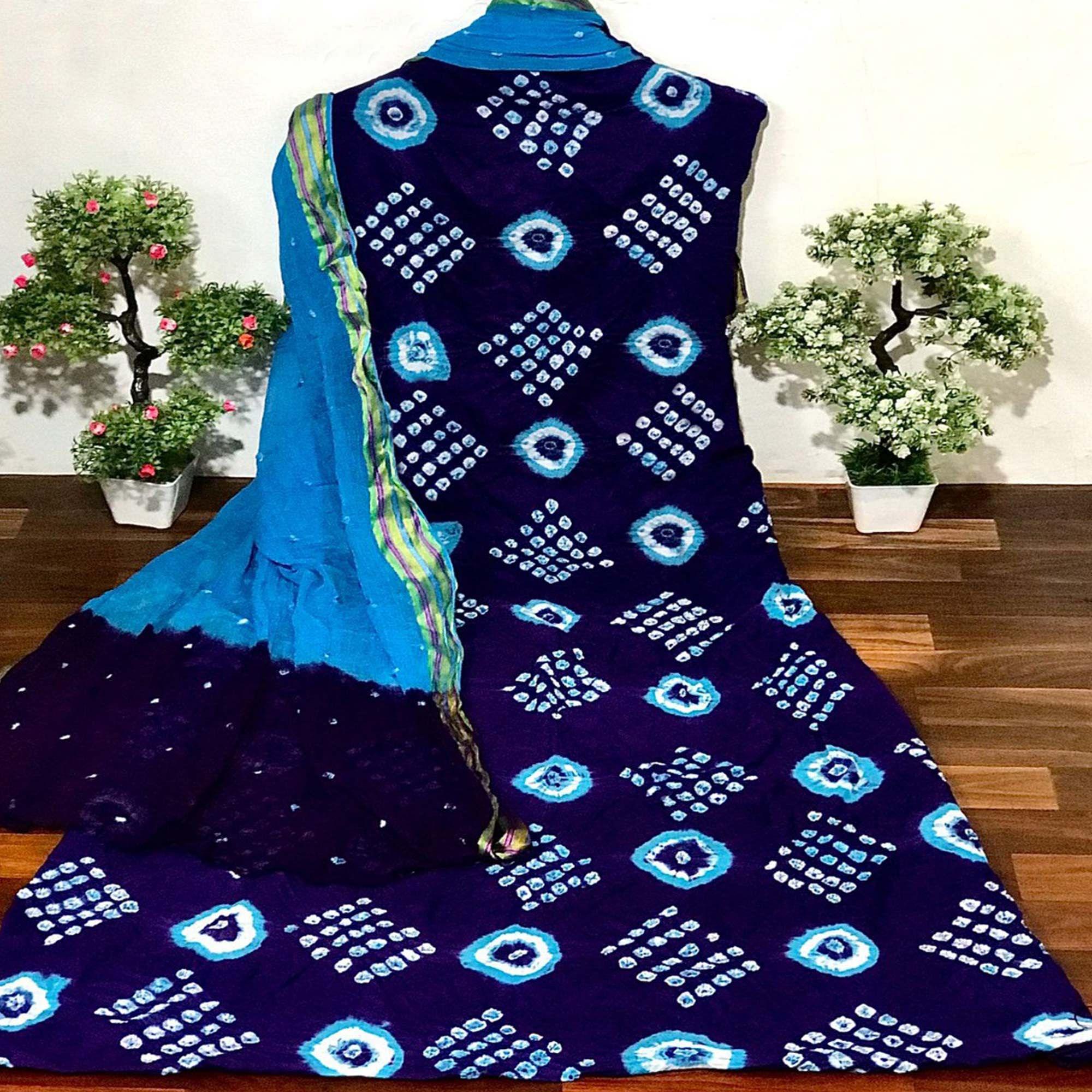 Royal Blue Bandhani Printed Cotton Dress Material - Peachmode