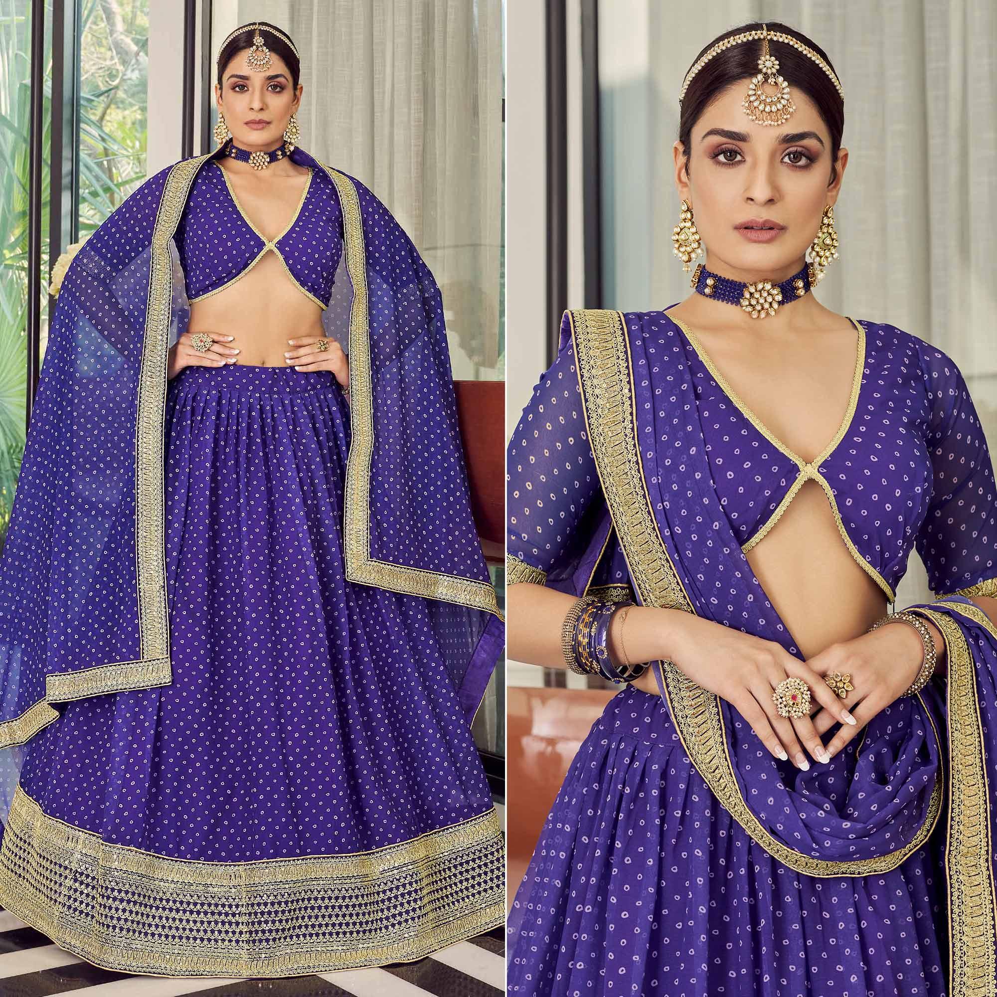 Royal Blue Bandhani Printed Organza Lehenga Choli - Peachmode