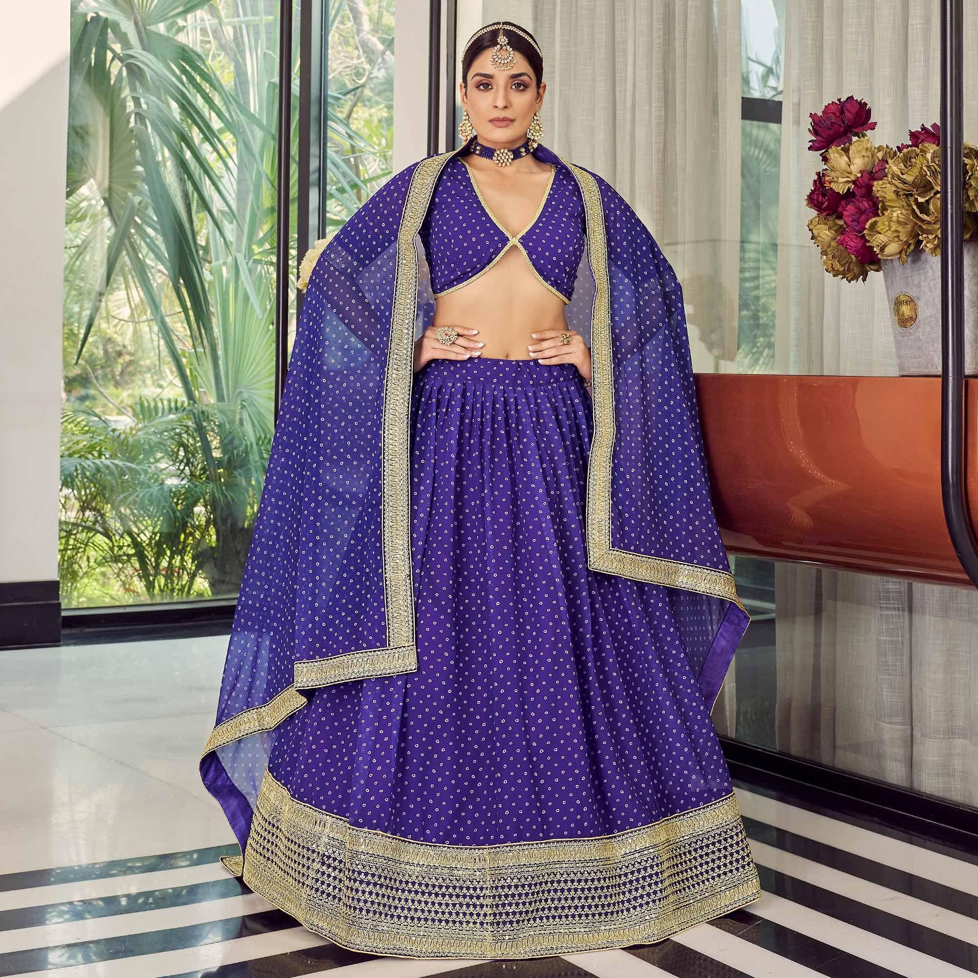 Royal Blue Bandhani Printed Organza Lehenga Choli - Peachmode
