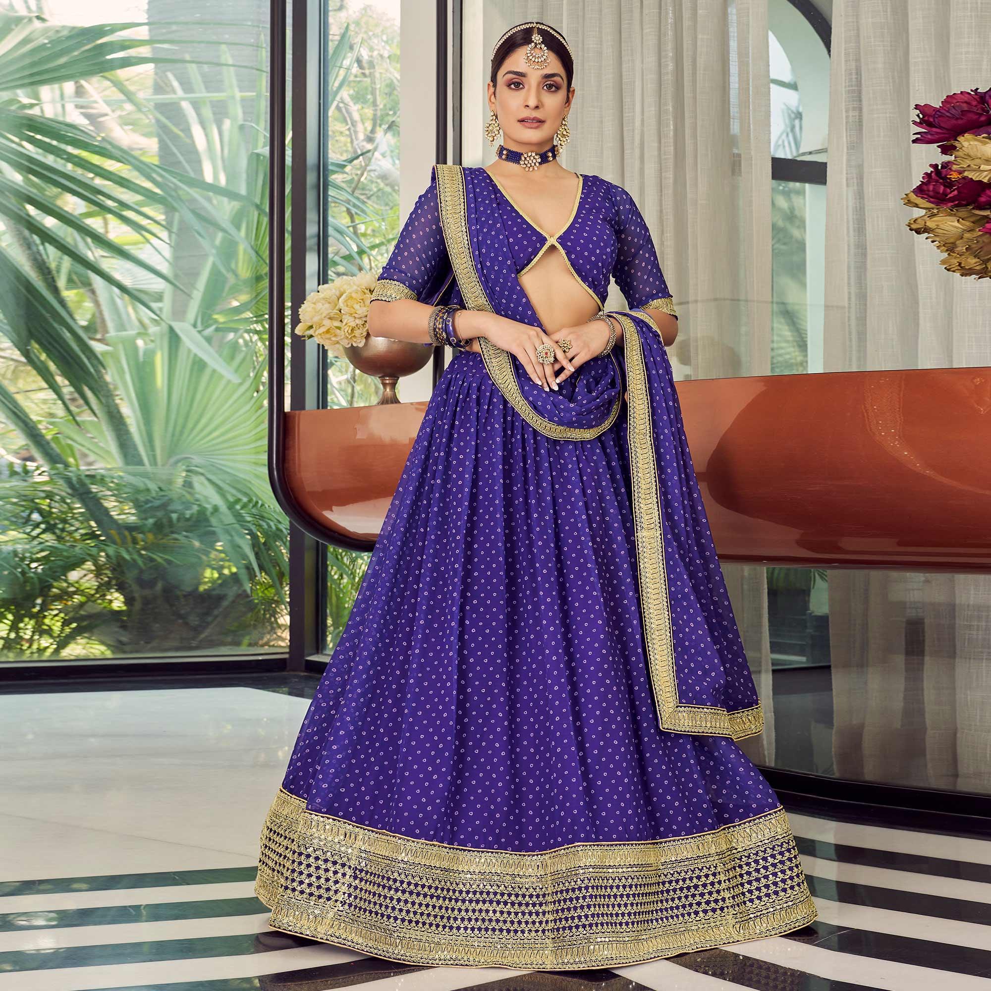 Royal Blue Bandhani Printed Organza Lehenga Choli - Peachmode