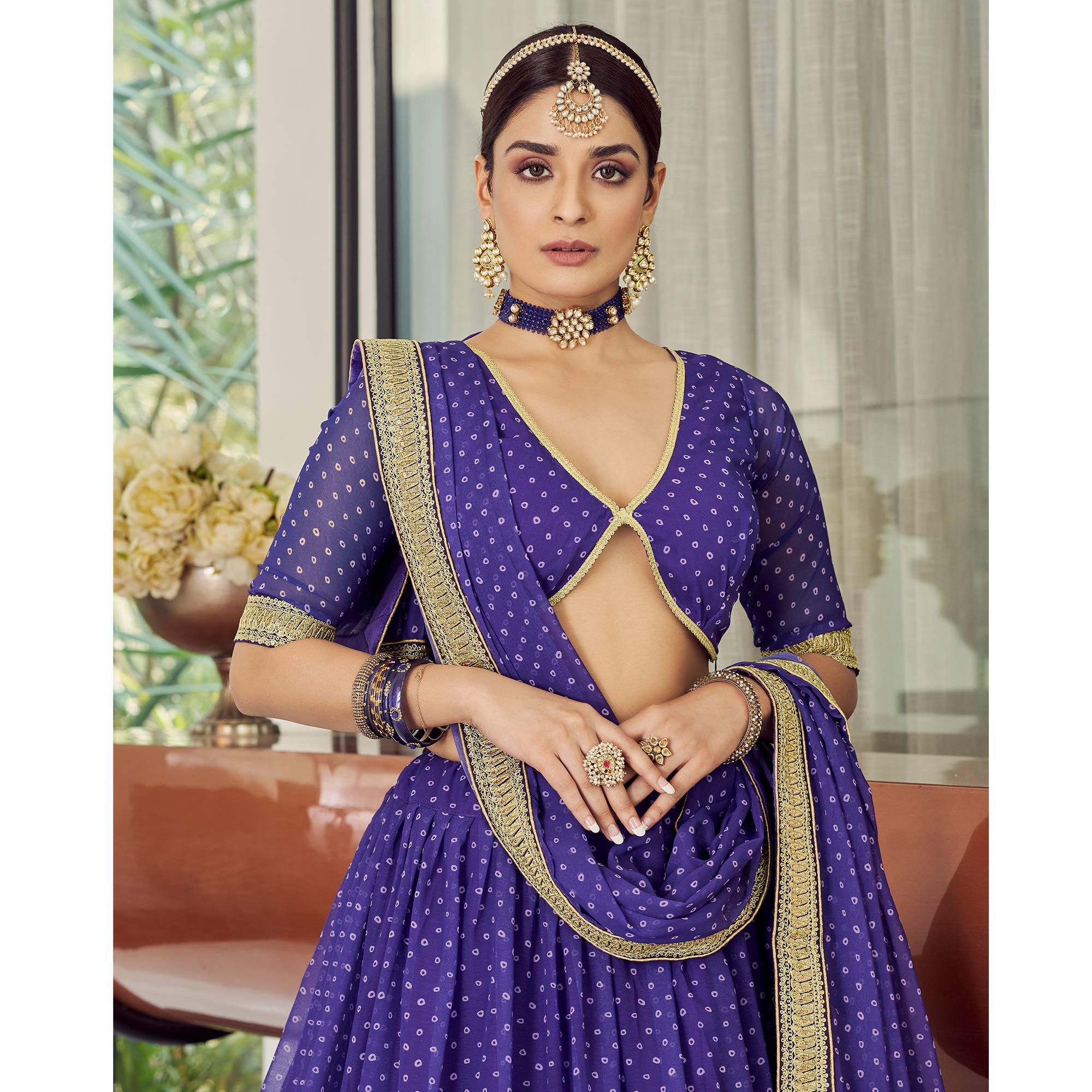 Royal Blue Bandhani Printed Organza Lehenga Choli - Peachmode