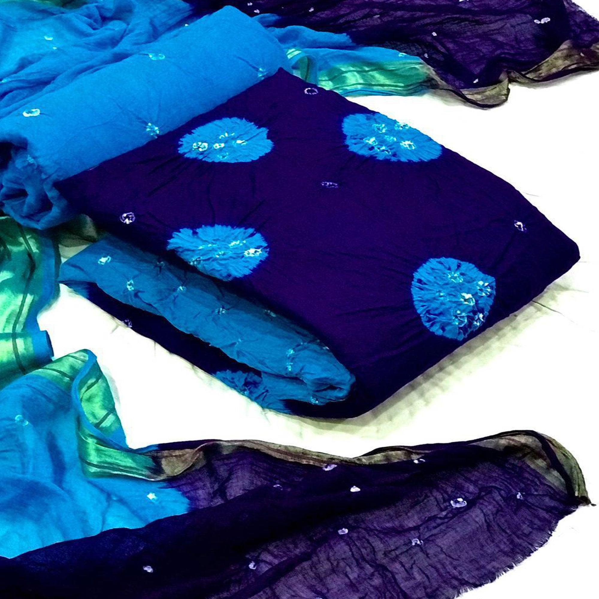 Royal Blue Bandhani Printed Pure Cotton Dress Material - Peachmode