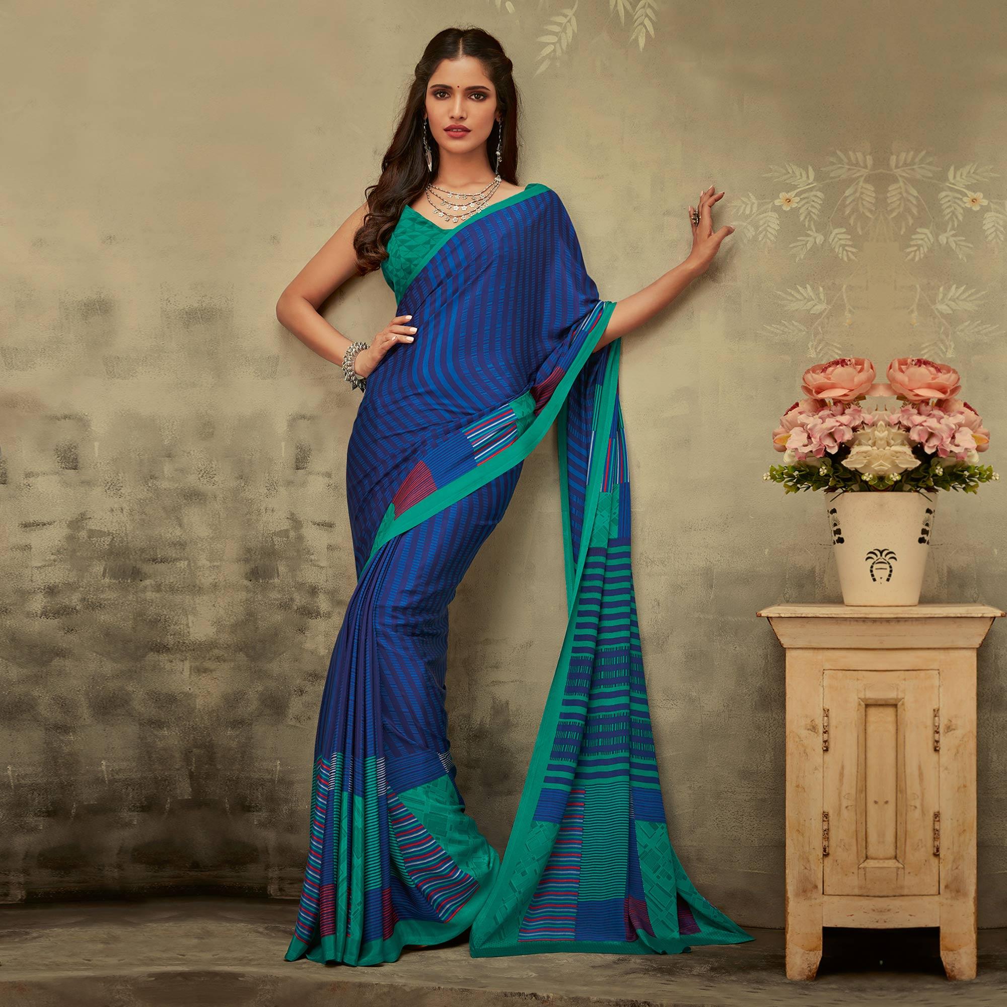 Royal Blue Casual Printed Crepe Saree - Peachmode