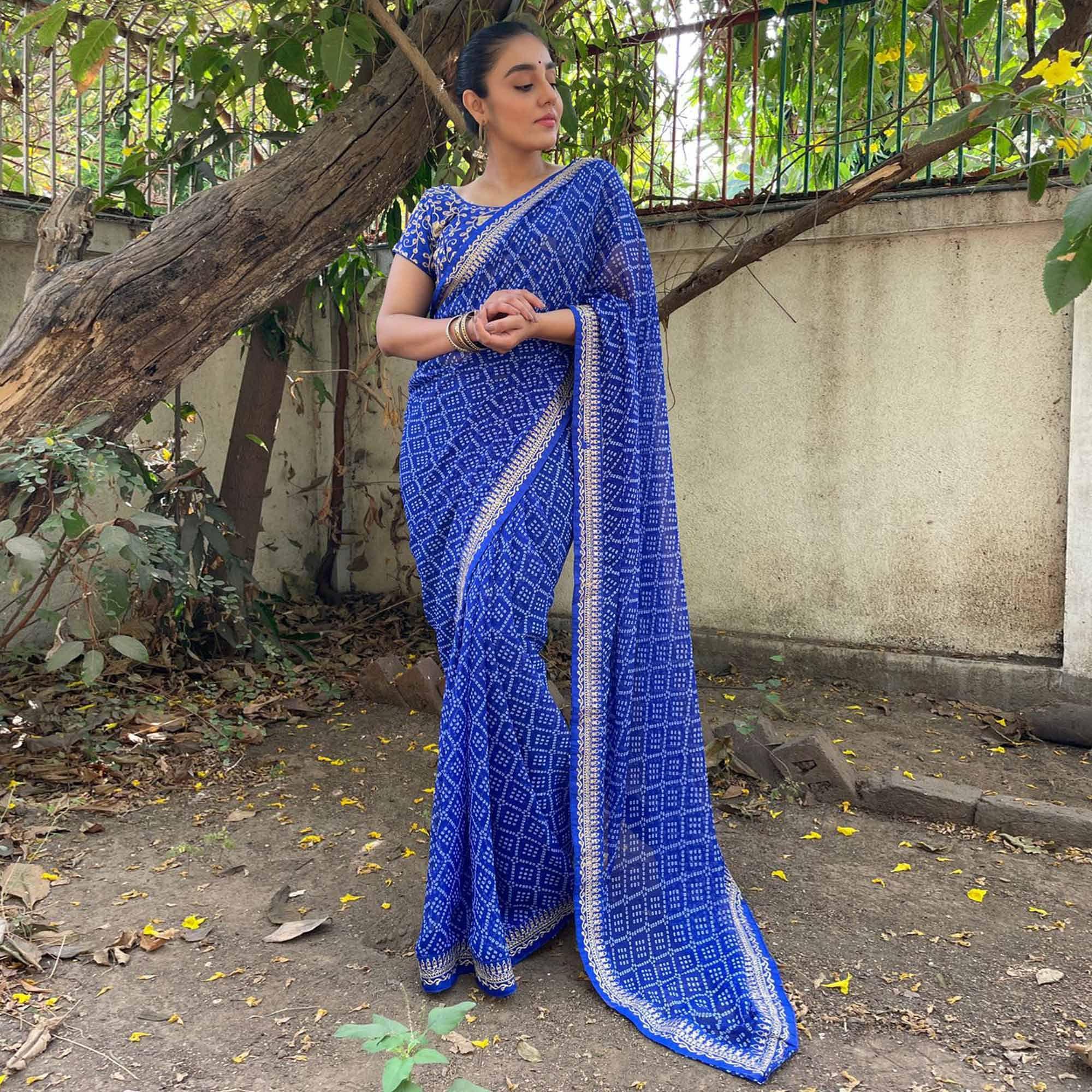 Royal Blue Casual Wear Bandhani Printed Georgette Saree - Peachmode