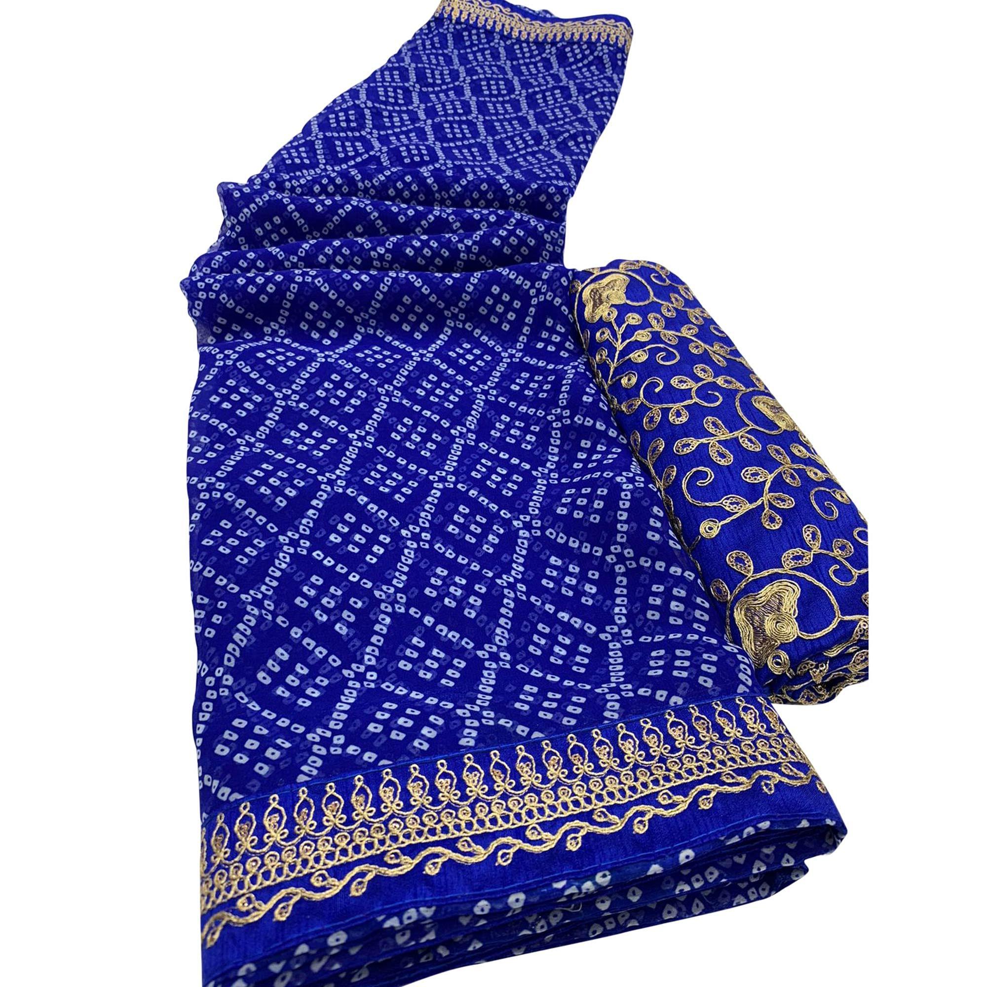 Royal Blue Casual Wear Bandhani Printed Georgette Saree - Peachmode