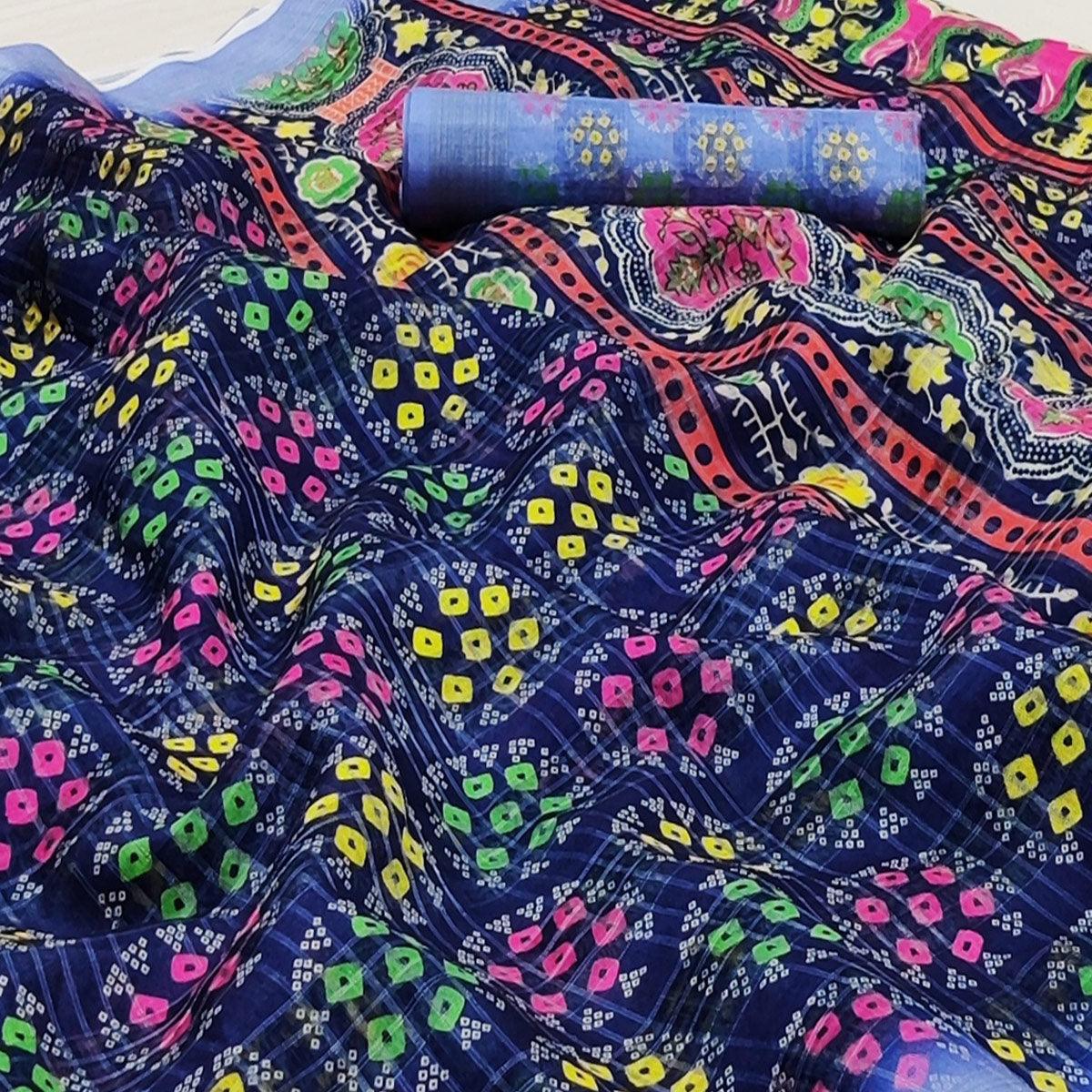 Royal Blue Casual Wear Digital Printed Silk Saree With Jacquard Border - Peachmode