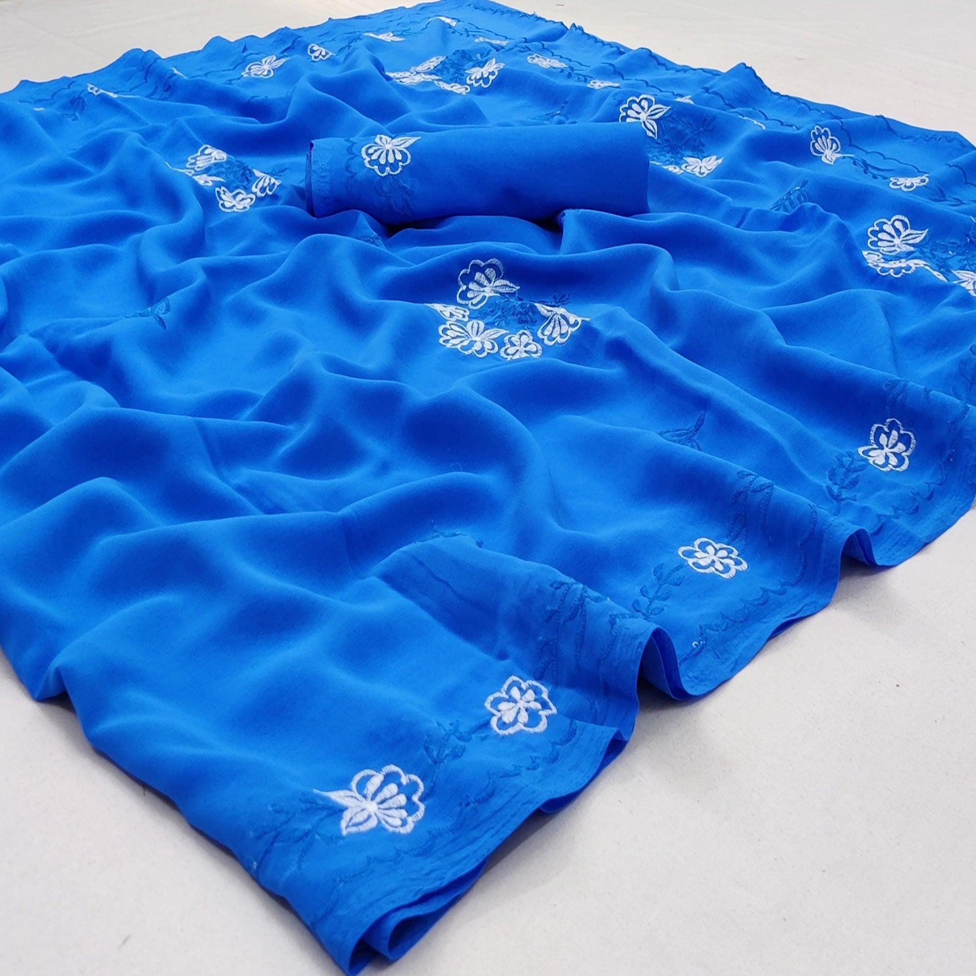 Royal Blue Casual Wear Embroidered Georgette Saree - Peachmode