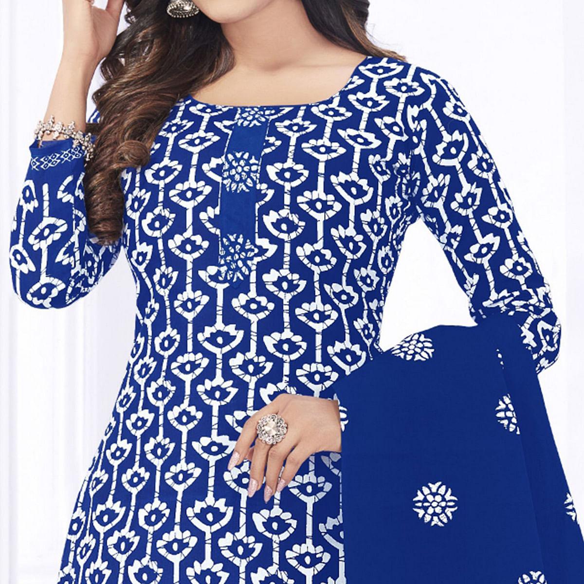 Royal Blue Casual Wear Printed Cotton Dress Material - Peachmode