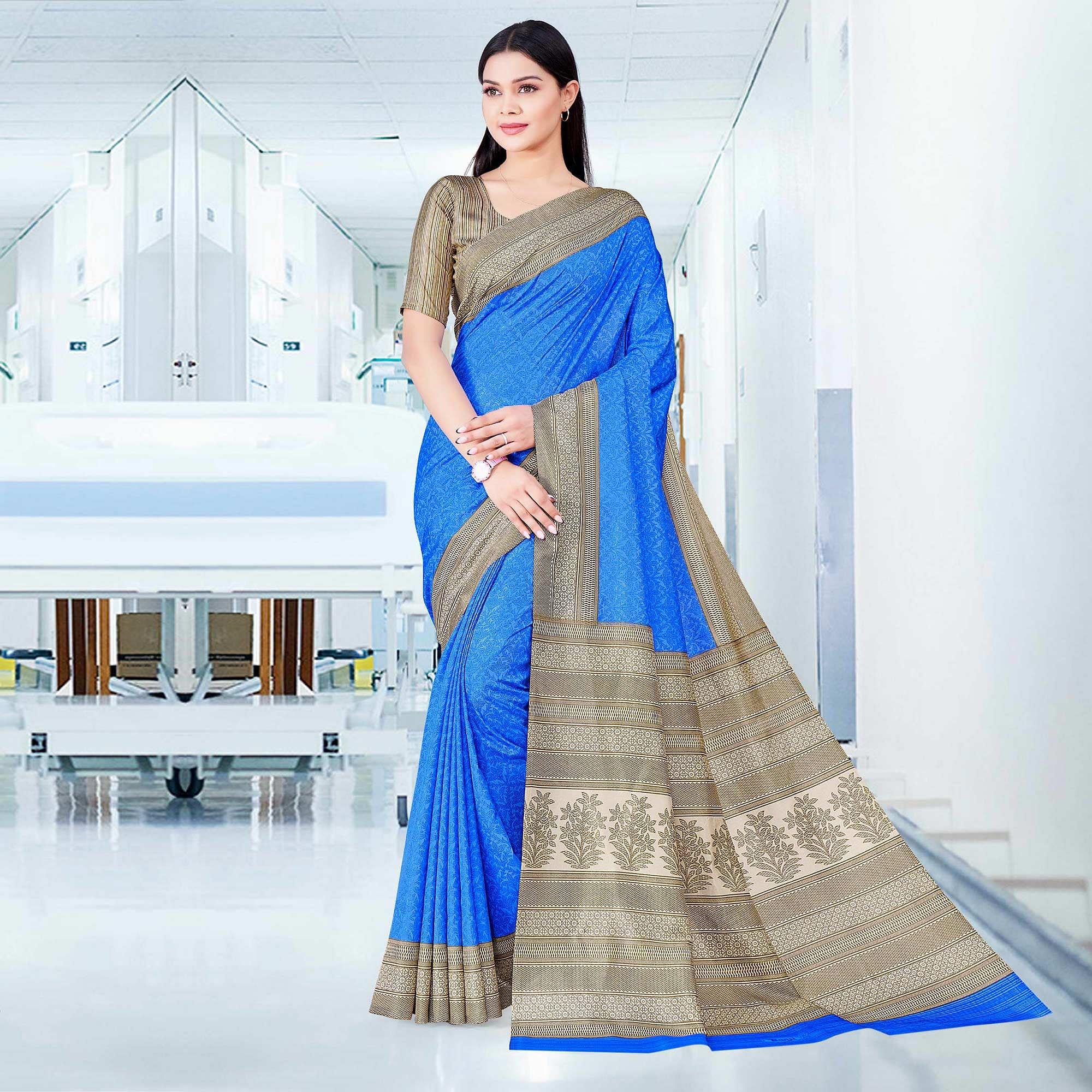 Royal Blue Casual Wear Printed Silk Saree - Peachmode