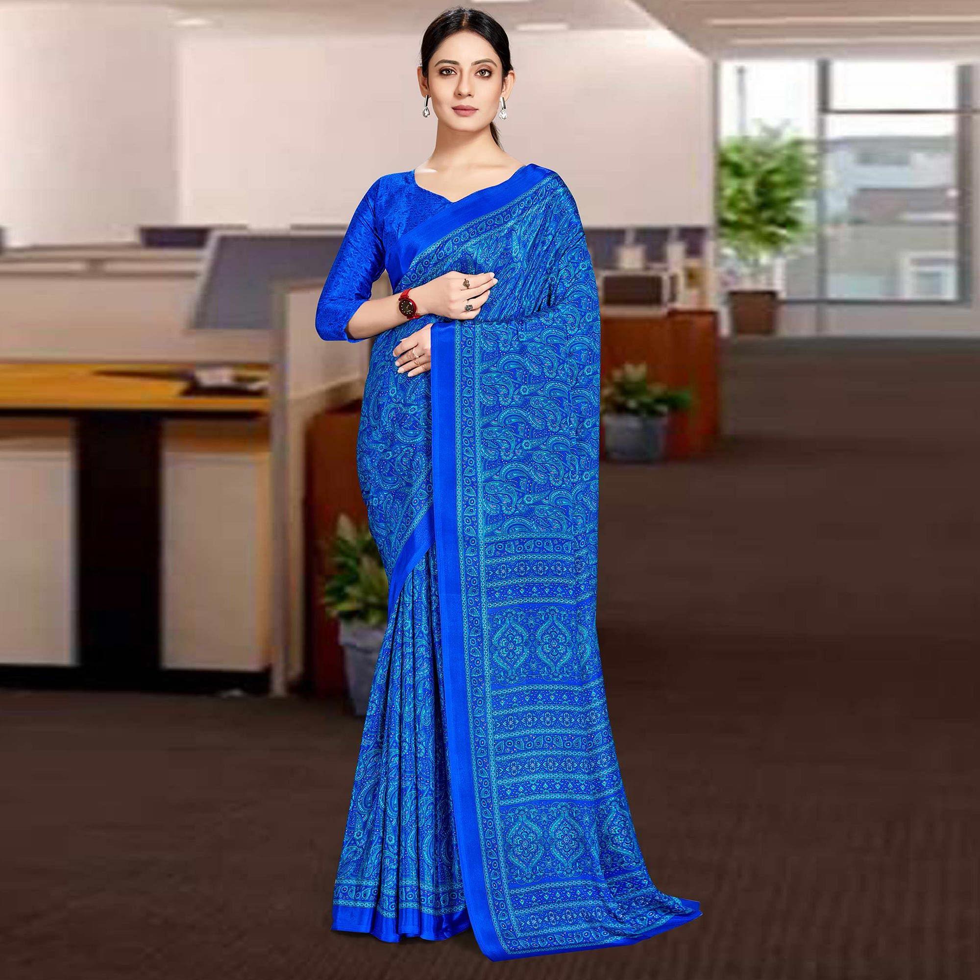 Royal Blue Casual Wear Printed Silk Saree - Peachmode
