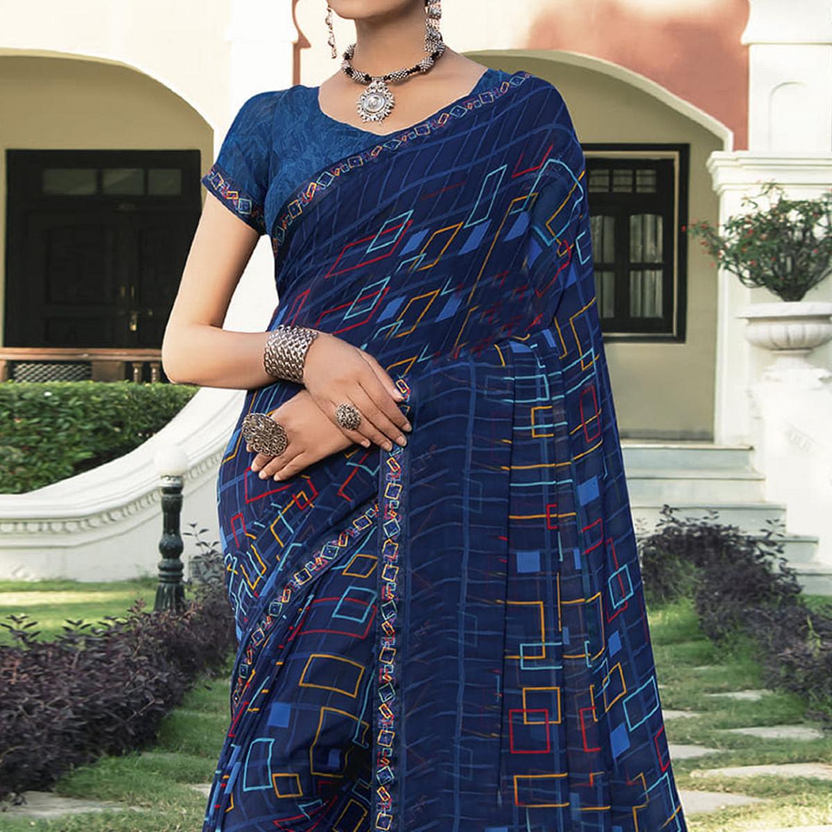 Royal Blue Casual Wear Solid Georgette Saree - Peachmode