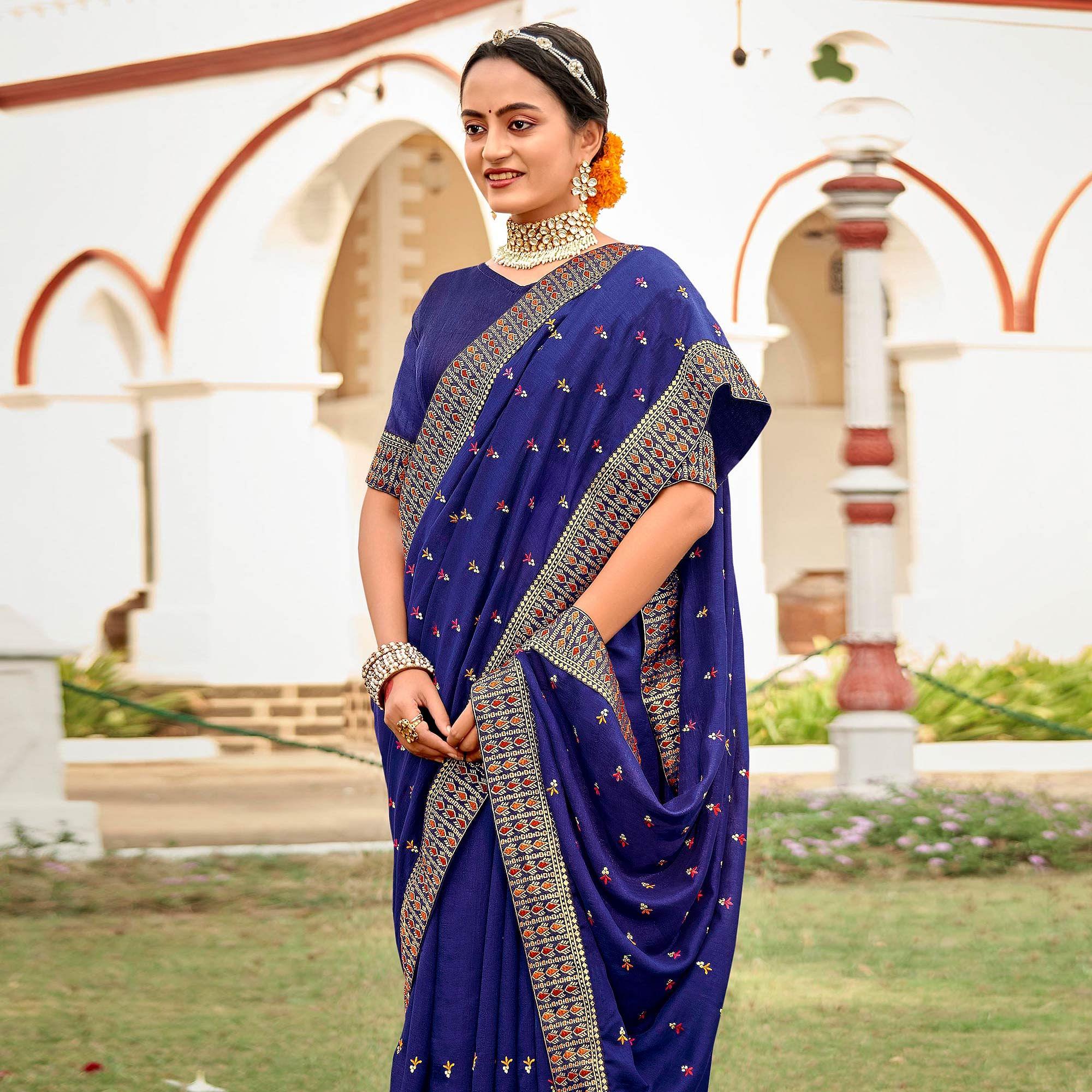 Royal Blue Embellished With Embroidered Vichitra Silk Saree - Peachmode