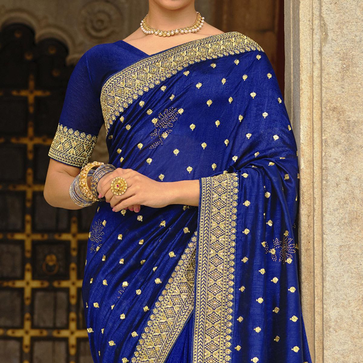 Royal Blue Embroidered Vichitra Silk Saree - Peachmode