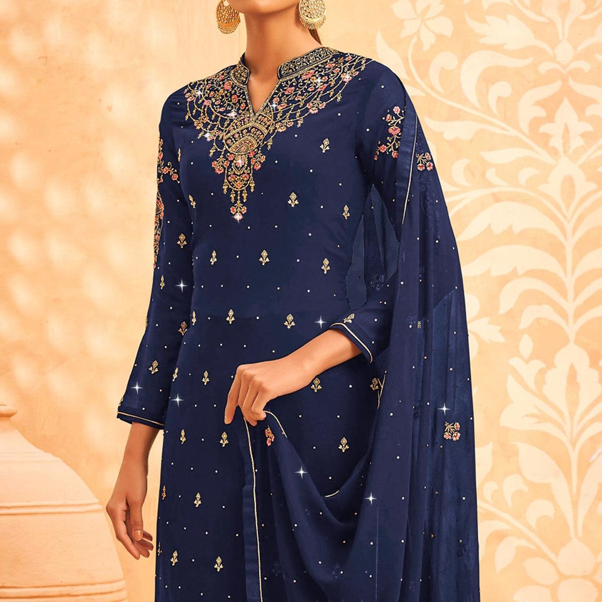 Royal Blue Embroidered With Embellished Georgette Palazzo Suit - Peachmode