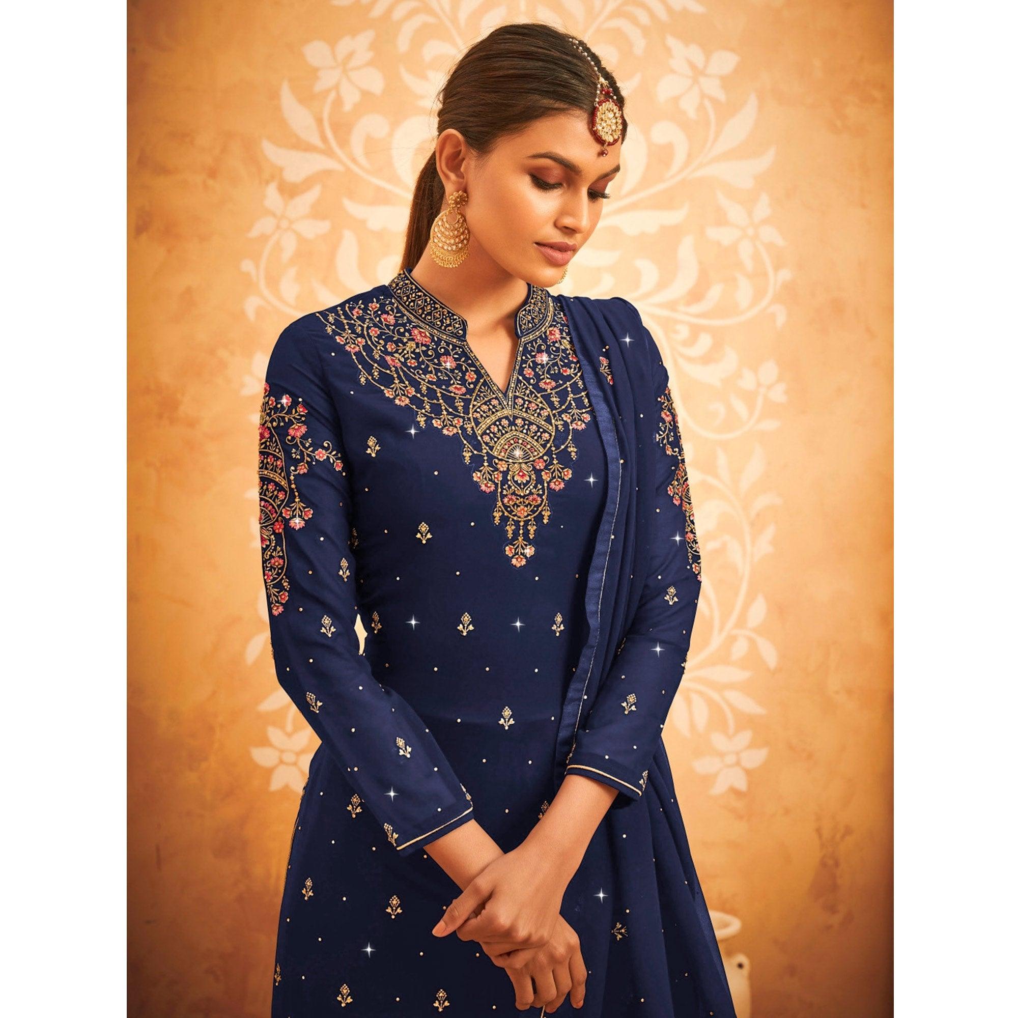 Royal Blue Embroidered With Embellished Georgette Palazzo Suit - Peachmode