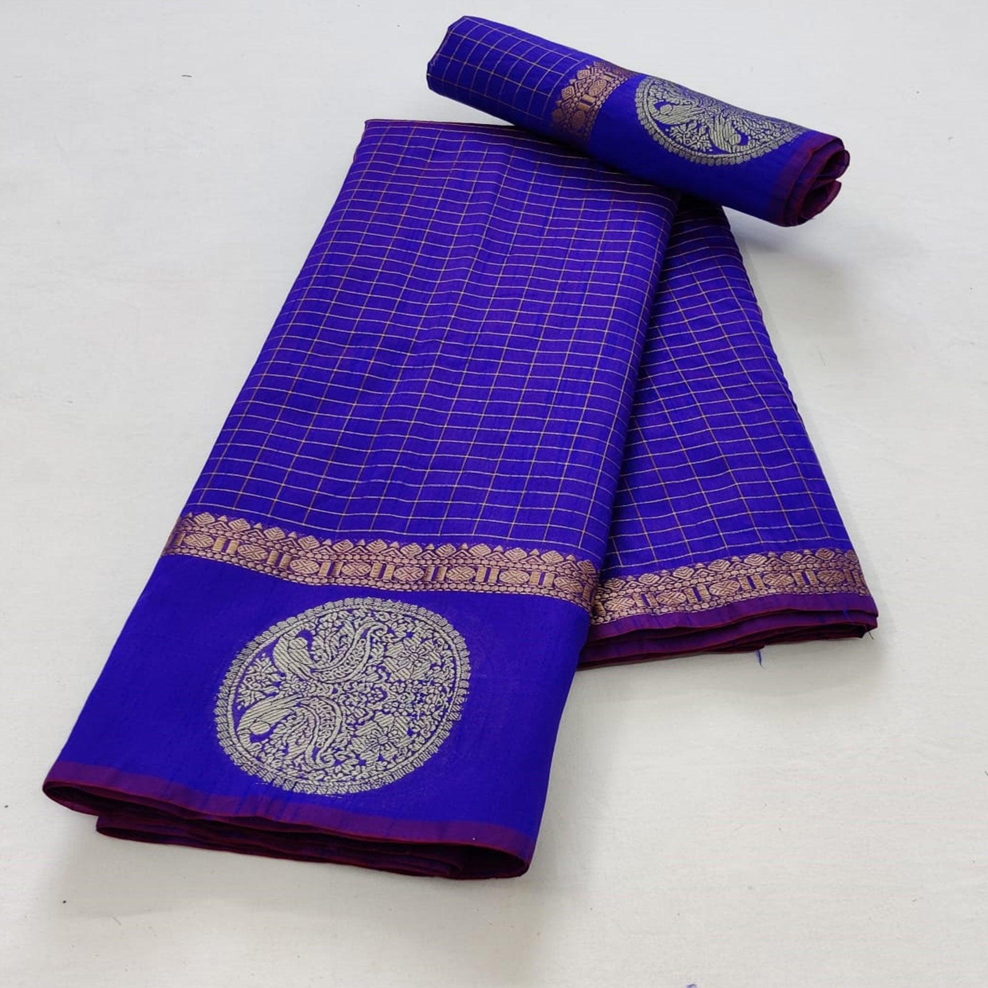 Royal Blue Festive Wear Checks Pattern Woven Silk Saree - Peachmode
