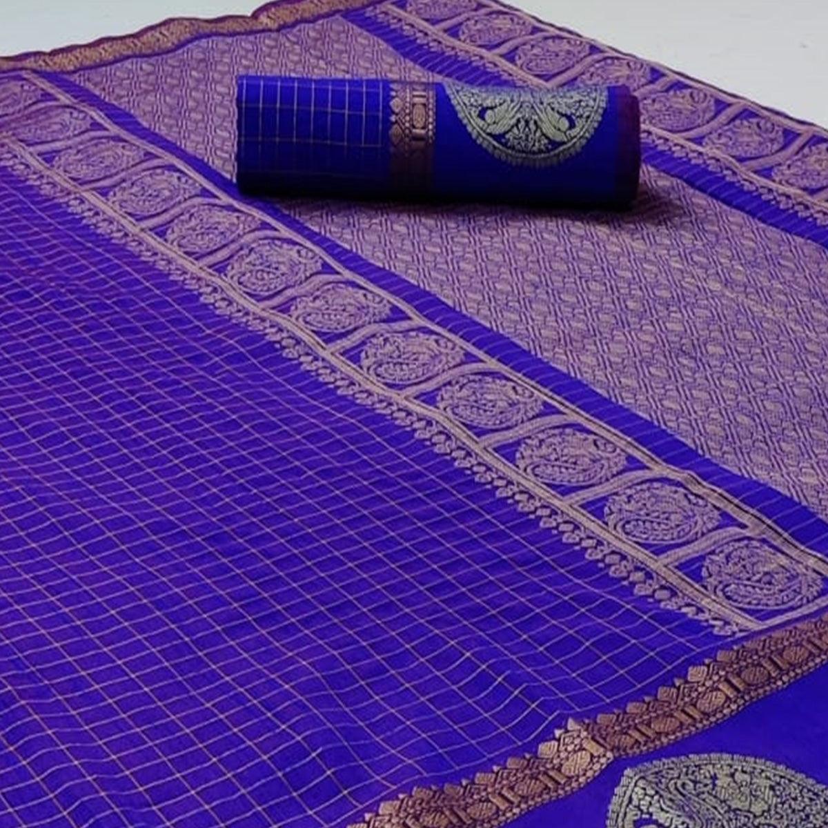Royal Blue Festive Wear Checks Pattern Woven Silk Saree - Peachmode
