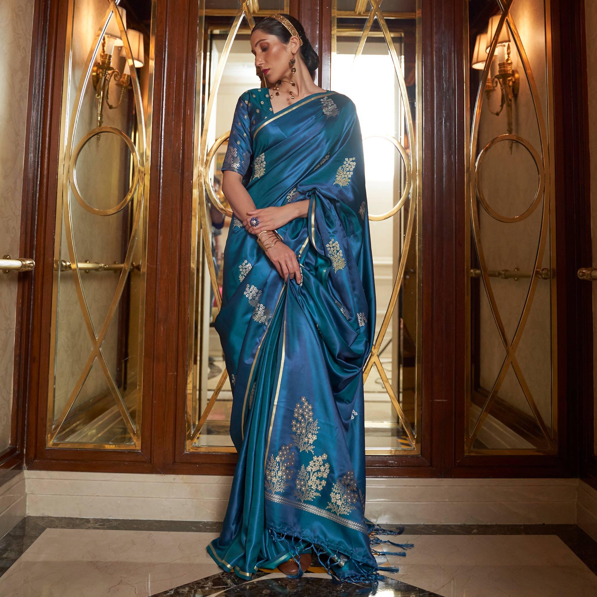 Royal Blue Festive Wear Floral Designer Woven Pure Satin Silk Saree - Peachmode