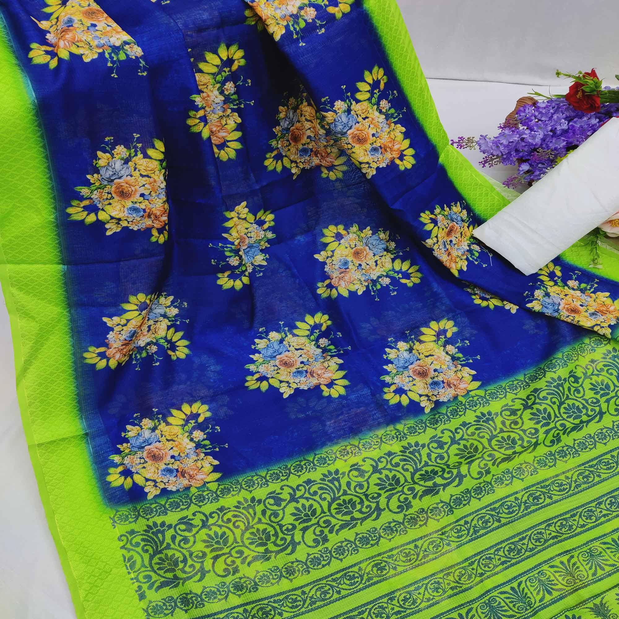 Royal Blue Festive Wear Floral Digital Printed With Woven Border Soft Cotton Saree - Peachmode