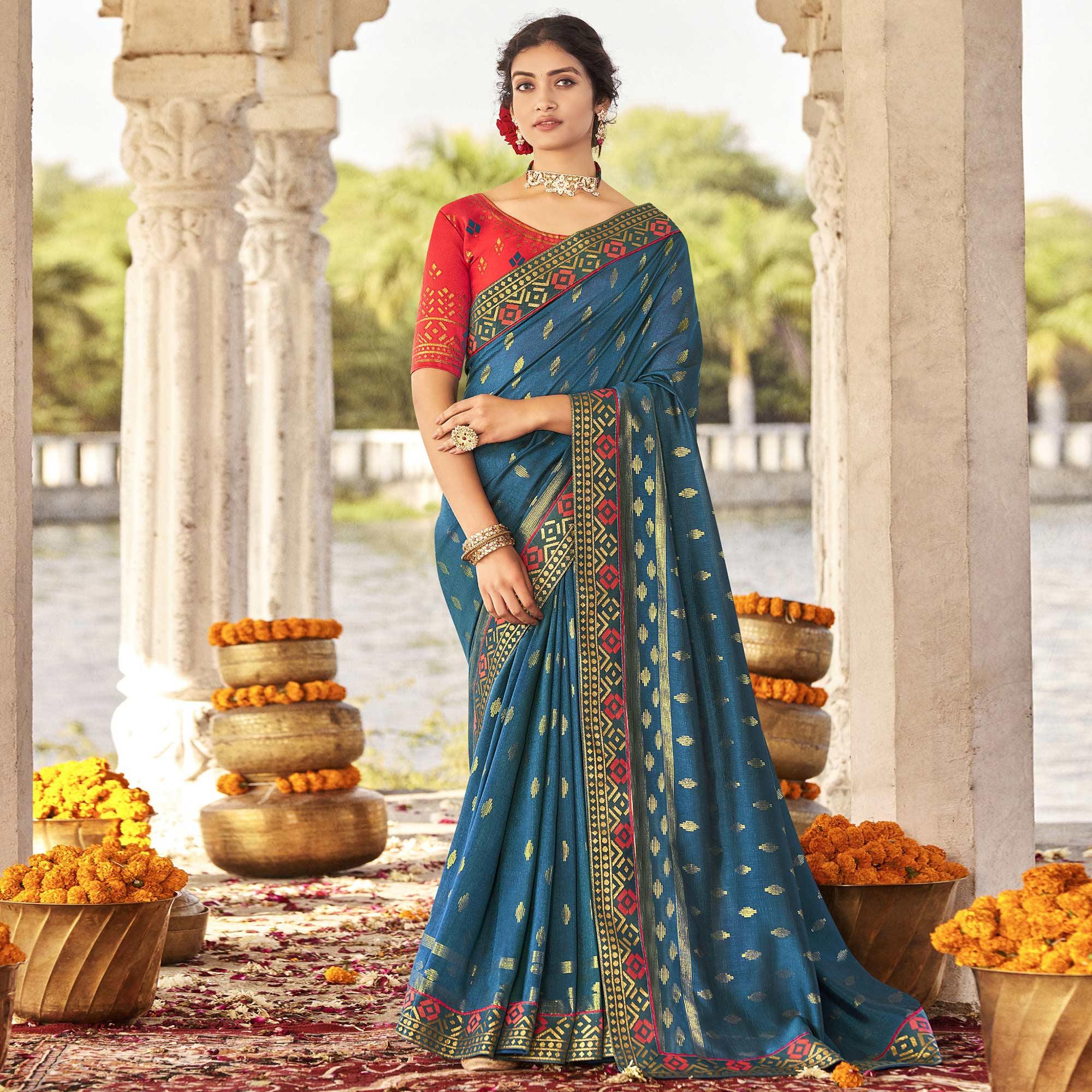 Royal Blue Festive Wear Jari Work Silk Saree - Peachmode