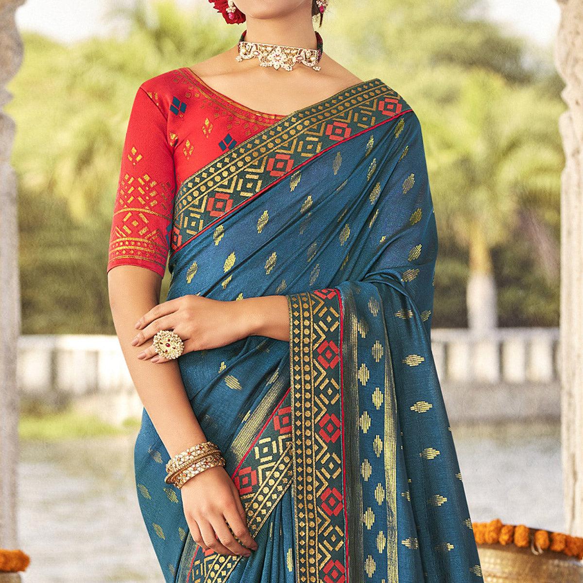 Royal Blue Festive Wear Jari Work Silk Saree - Peachmode