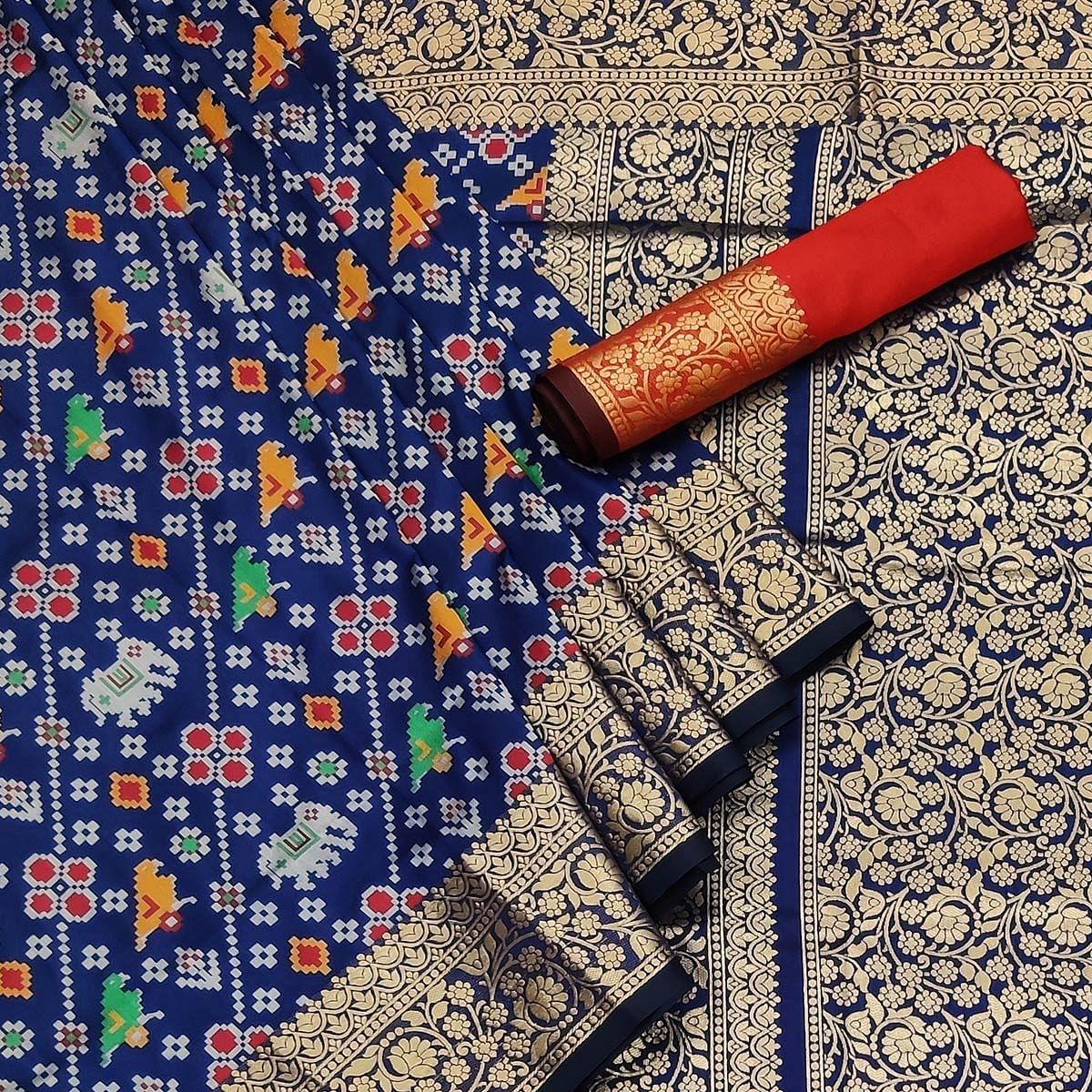 Royal Blue Festive Wear Patola Printed Art Silk Saree - Peachmode