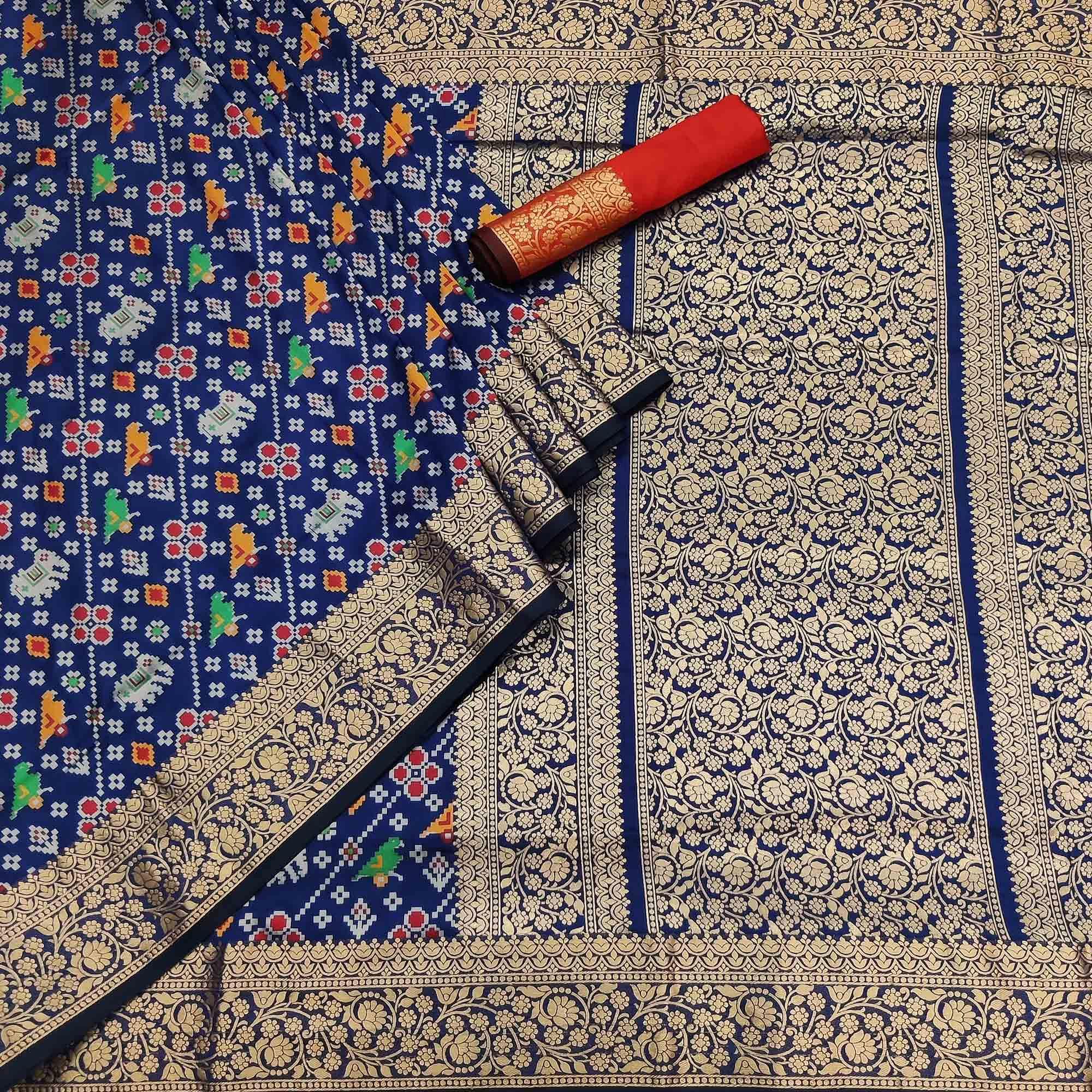 Royal Blue Festive Wear Patola Printed Art Silk Saree - Peachmode
