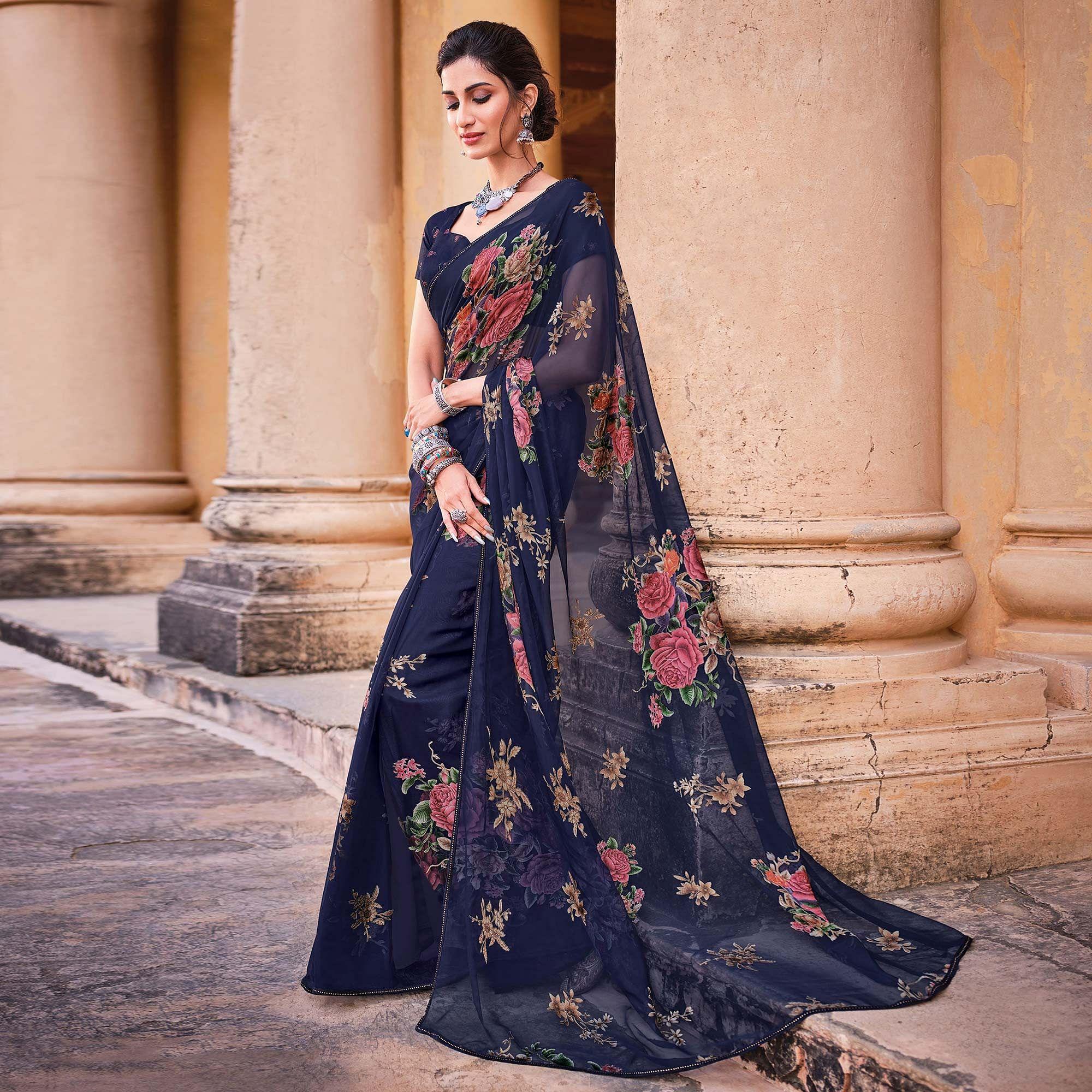 Royal Blue Festive Wear Printed Brasso Saree - Peachmode