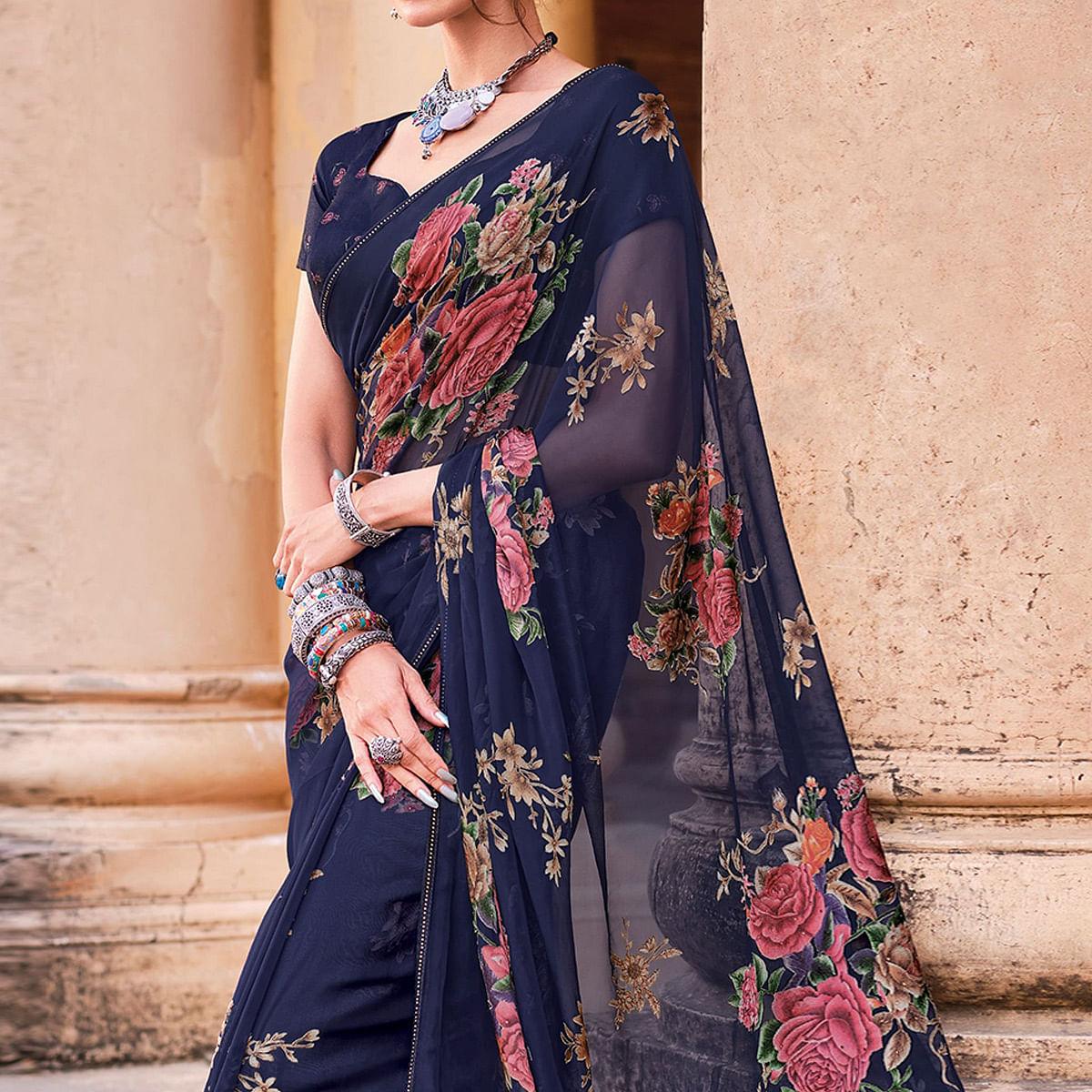 Royal Blue Festive Wear Printed Brasso Saree - Peachmode