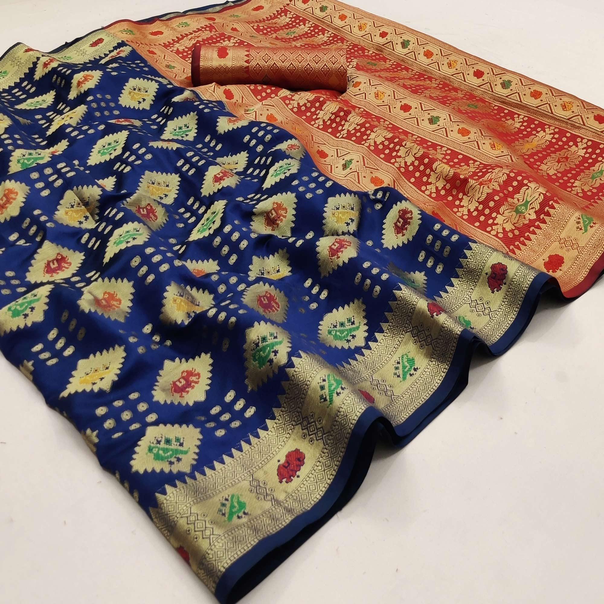 Royal Blue Festive Wear Weaving Silk Saree - Peachmode