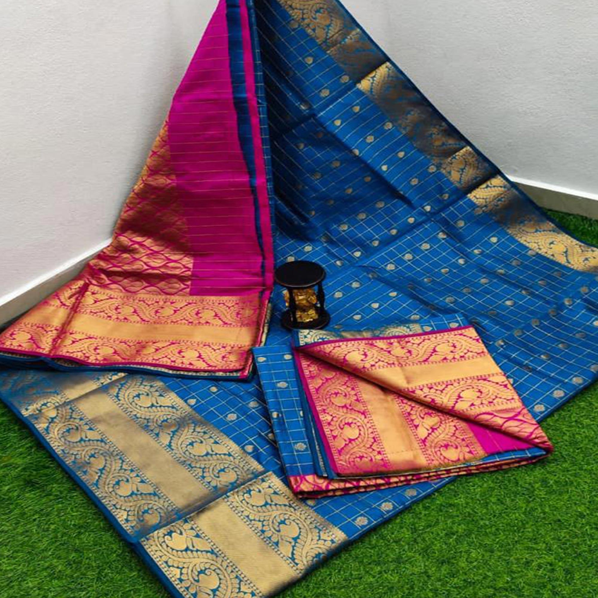 Royal Blue Festive Wear Zari Woven Chanderi Kanchi Border Saree - Peachmode