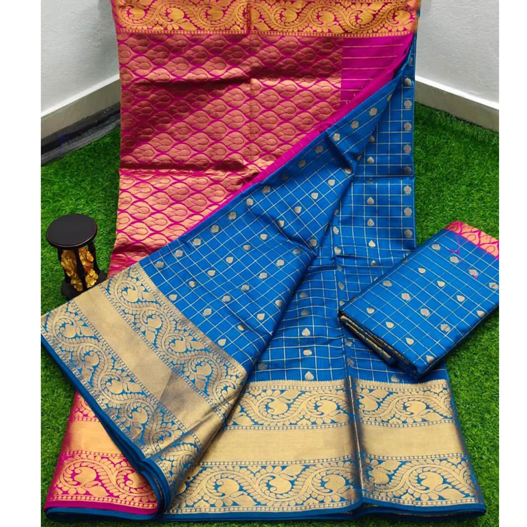 Royal Blue Festive Wear Zari Woven Chanderi Kanchi Border Saree - Peachmode
