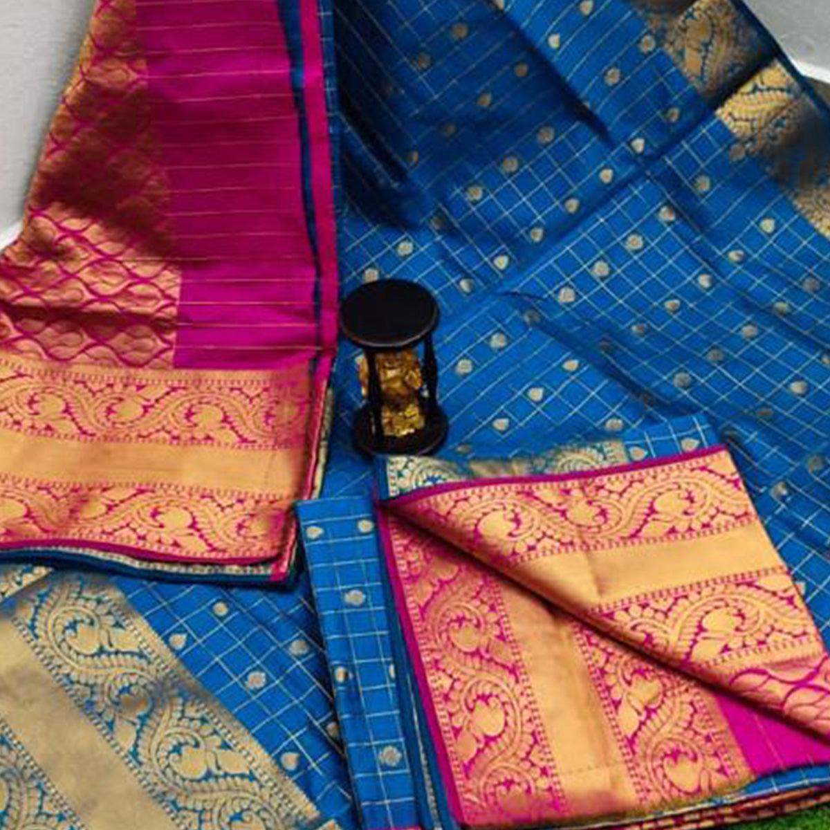 Royal Blue Festive Wear Zari Woven Chanderi Kanchi Border Saree - Peachmode