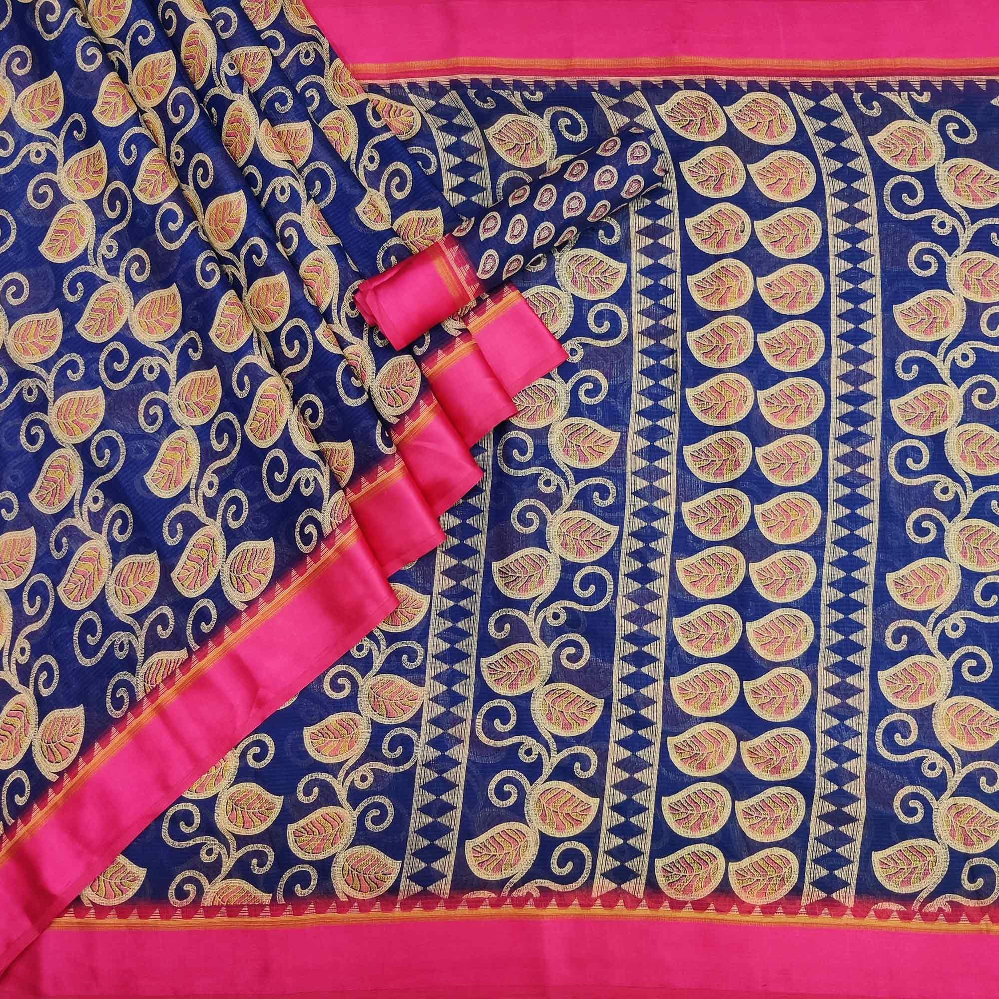 Royal Blue Floral Digital Printed Kota Doria Saree - Peachmode