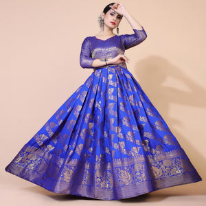 Royal Blue Floral Woven Jacquard Anarkali Style Gown - Peachmode