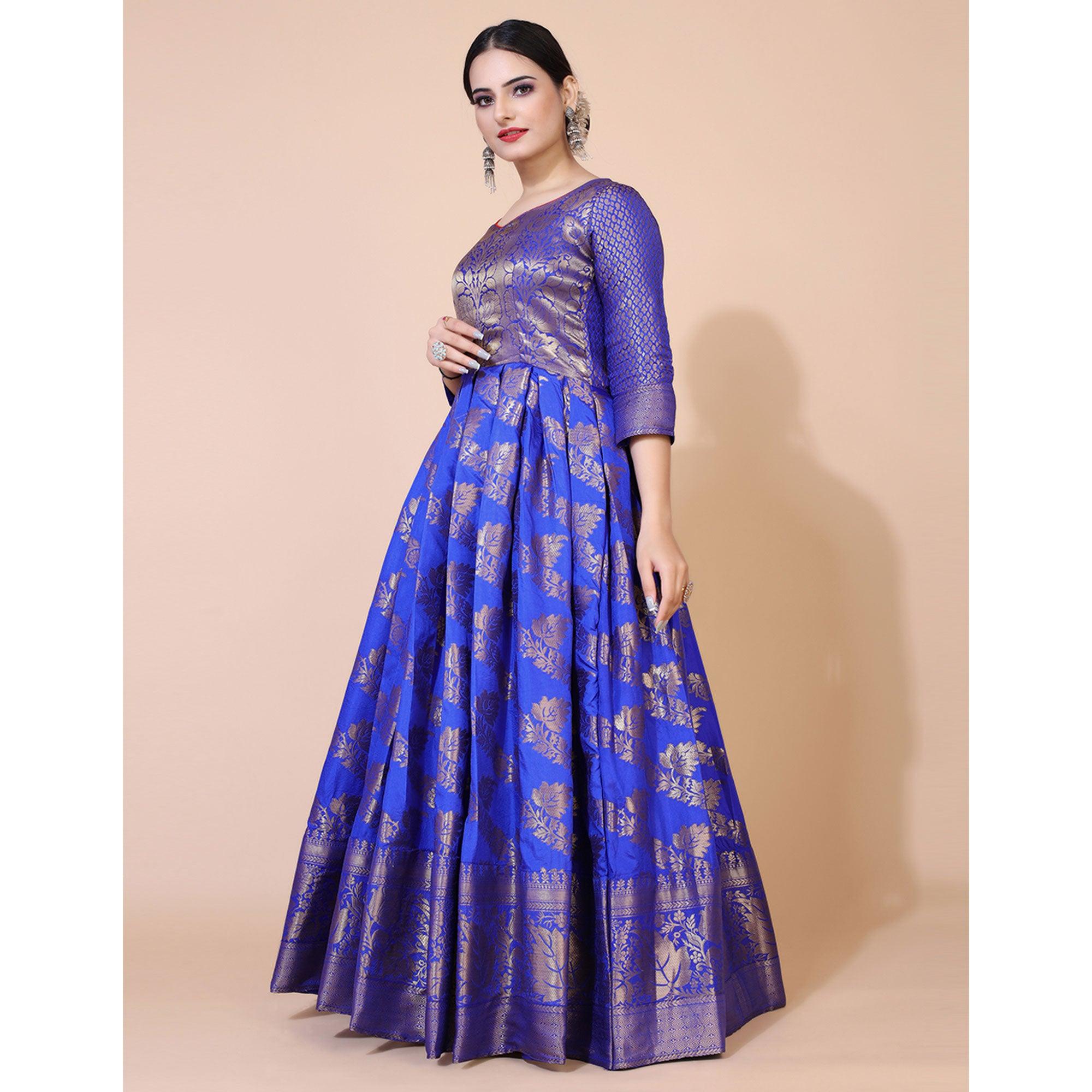 Royal Blue Floral Woven Jacquard Anarkali Style Gown - Peachmode