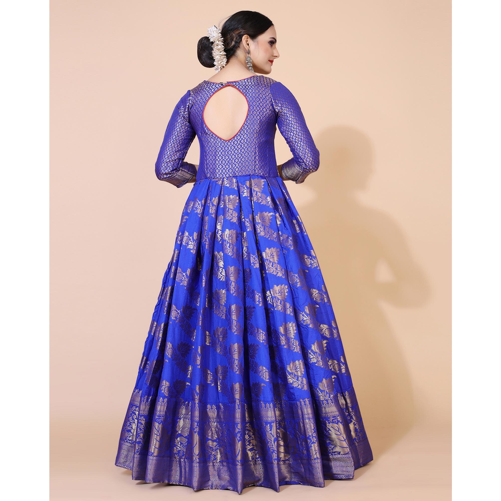 Royal Blue Floral Woven Jacquard Anarkali Style Gown - Peachmode