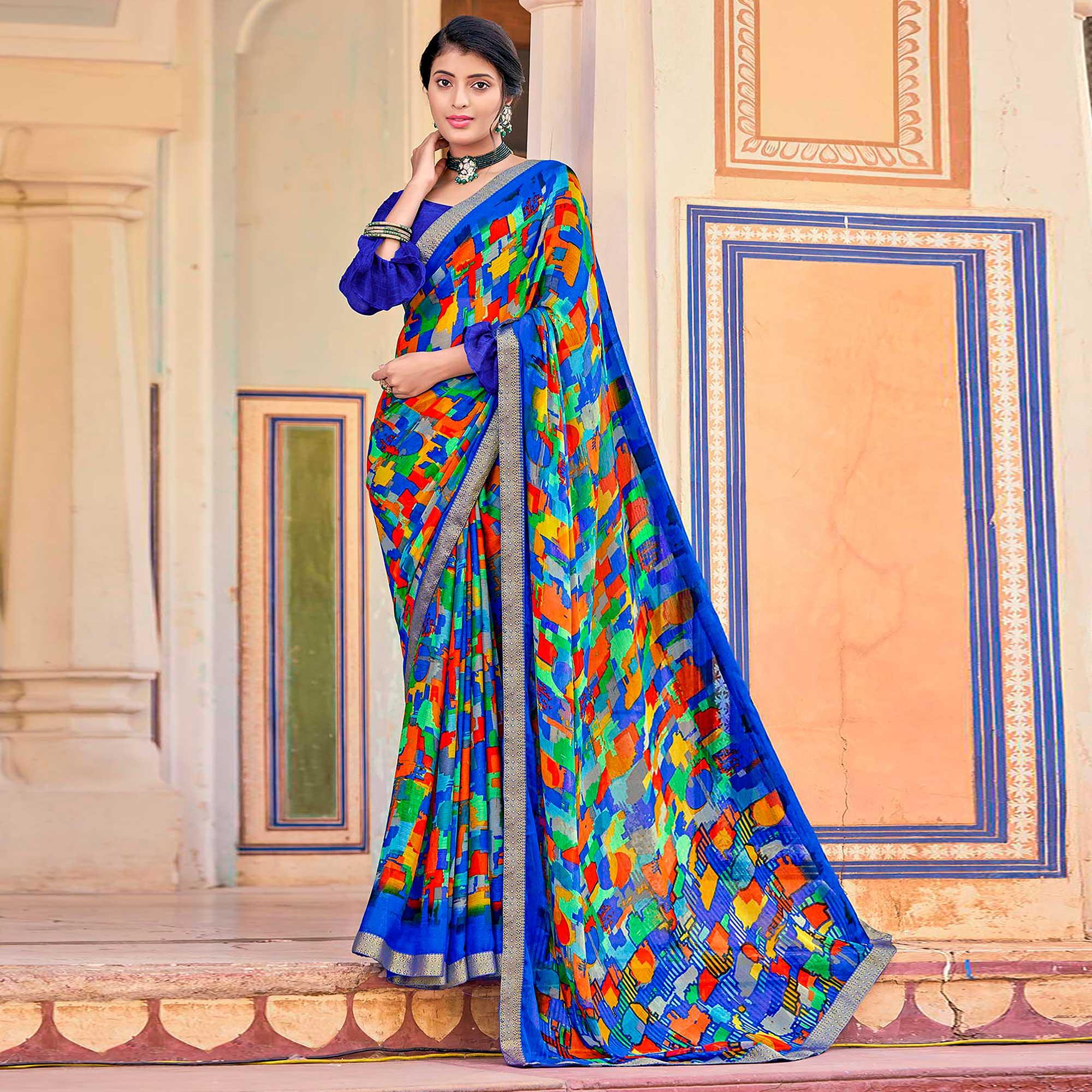 Royal Blue Geometric Printed Chiffon Saree - Peachmode
