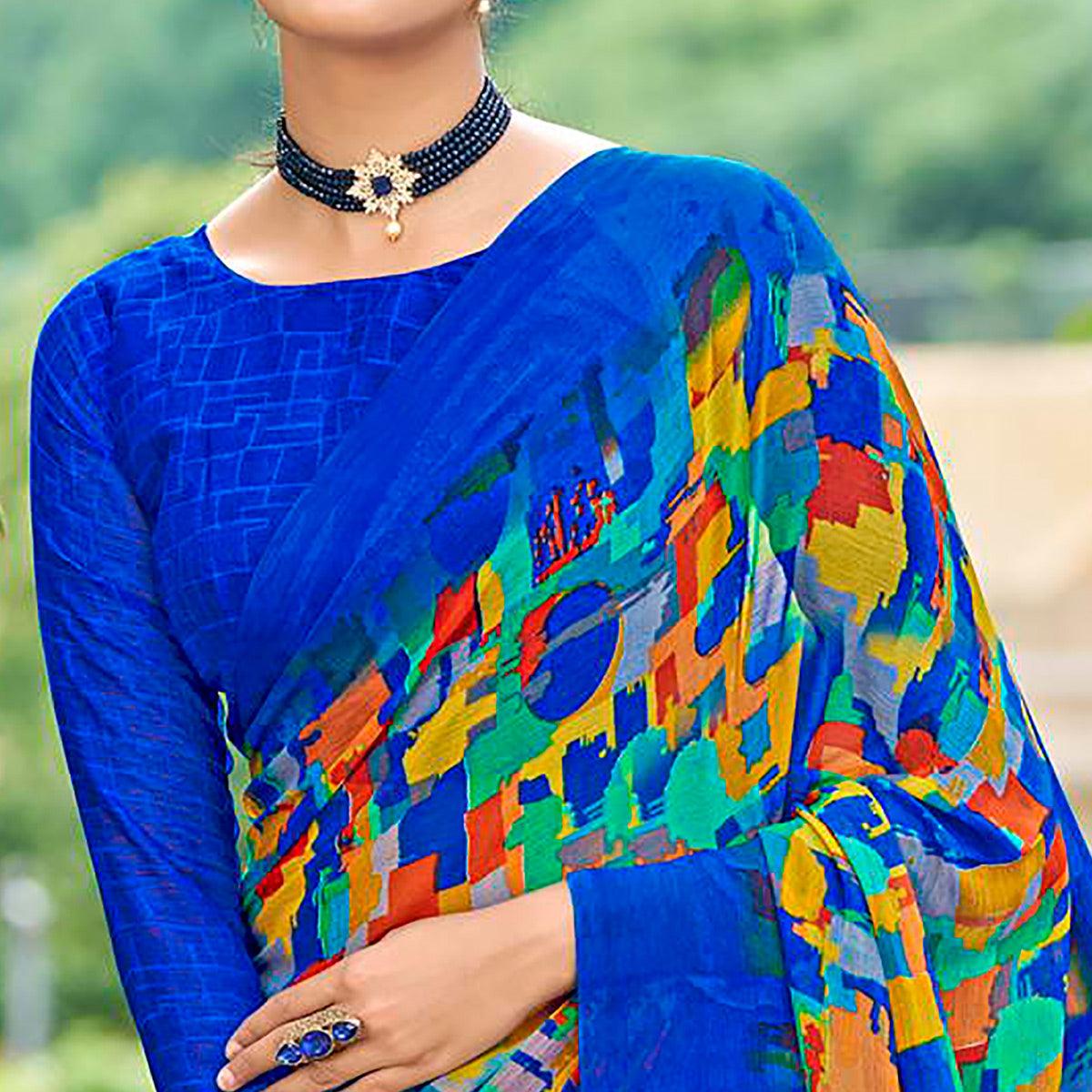 Royal Blue Geometric Printed Chiffon Saree - Peachmode