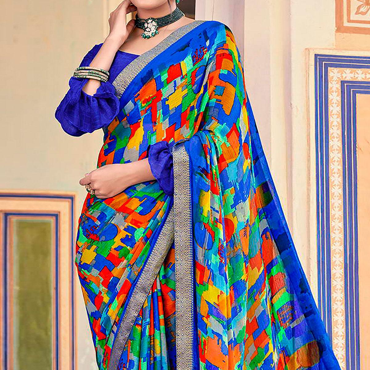 Royal Blue Geometric Printed Chiffon Saree - Peachmode