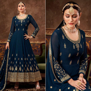 Royal Blue Partywear Embroidered Georgette Anarkali Suit - Peachmode