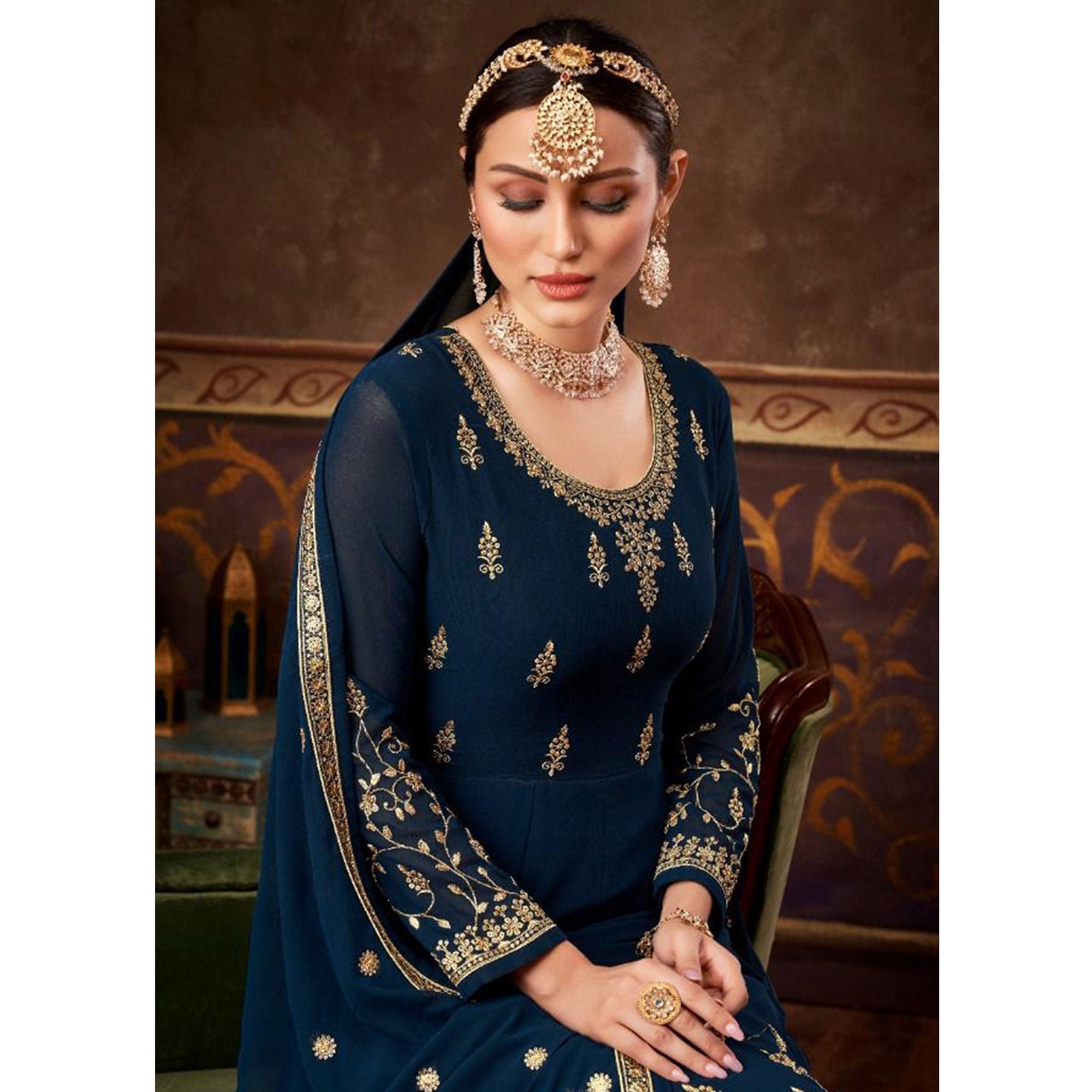 Royal Blue Partywear Embroidered Georgette Anarkali Suit - Peachmode