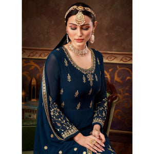 Royal Blue Partywear Embroidered Georgette Anarkali Suit - Peachmode
