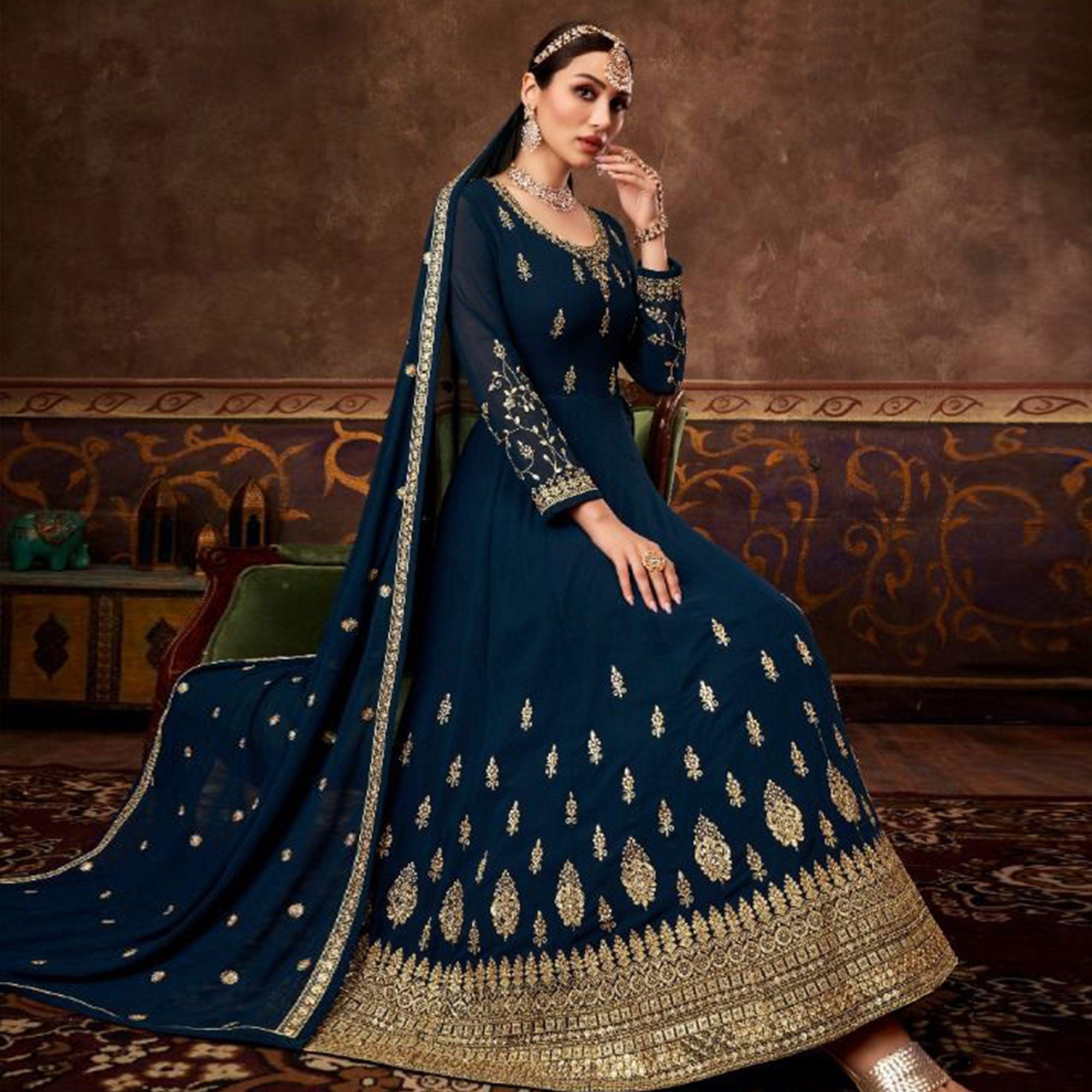 Royal Blue Partywear Embroidered Georgette Anarkali Suit - Peachmode
