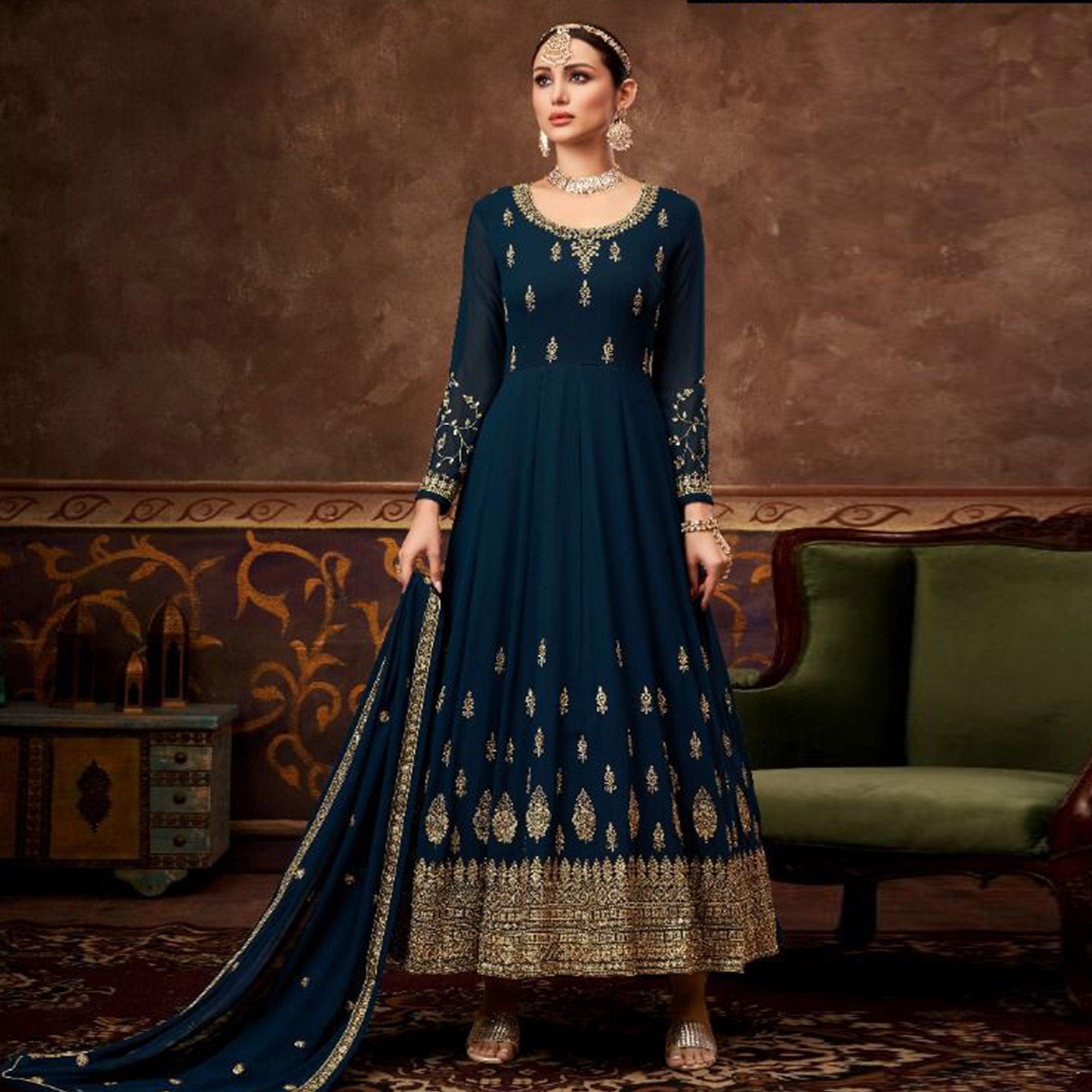 Royal Blue Partywear Embroidered Georgette Anarkali Suit - Peachmode