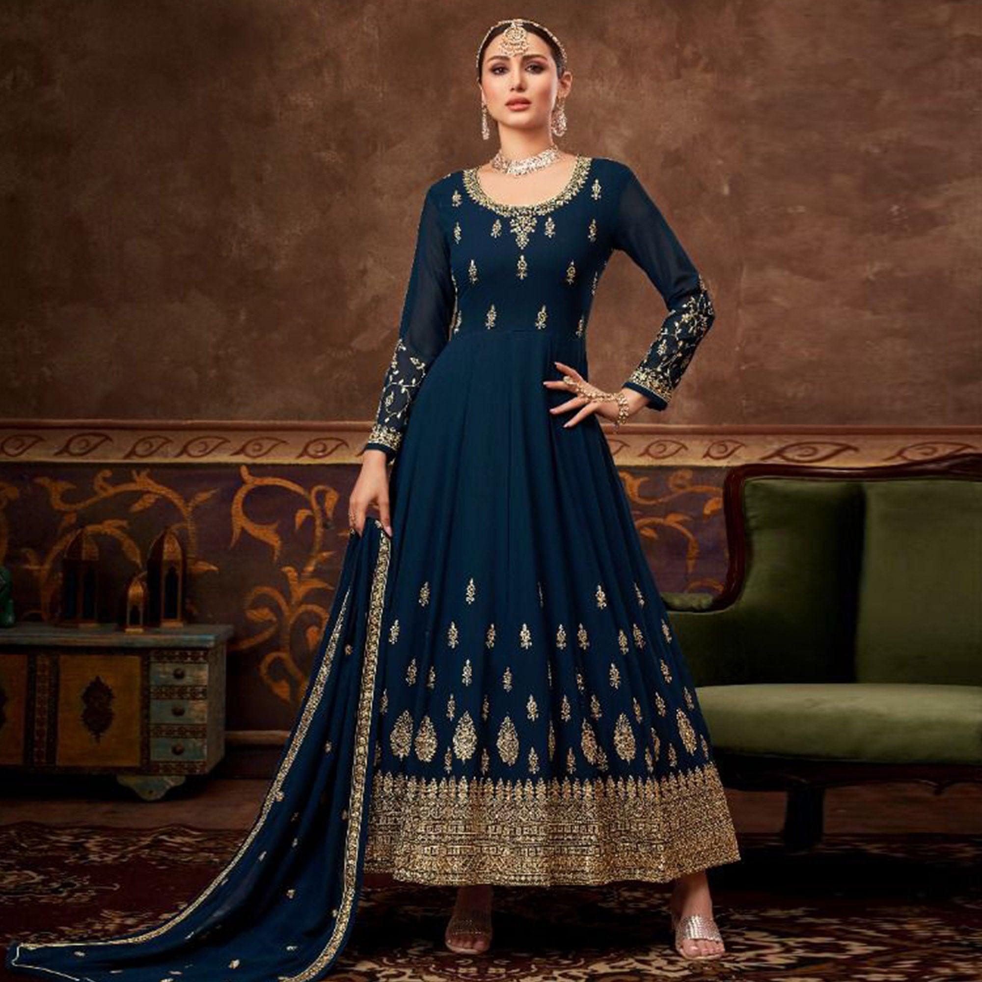 Royal Blue Partywear Embroidered Georgette Anarkali Suit - Peachmode